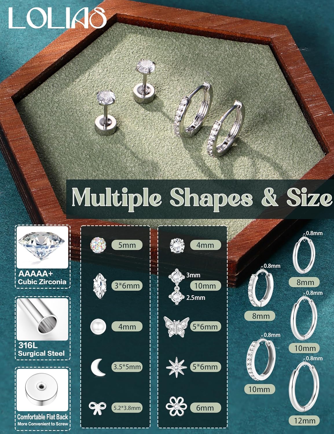 LOLIAS 14K Gold Plated Flat Back Earrings - Hypoallergenic Surgical Stainless Steel Stud Hoop Earrings for Women Girls Cute Stud Earring Set Small Huggie Hoops Cartilage Earring Stacks - Image 3