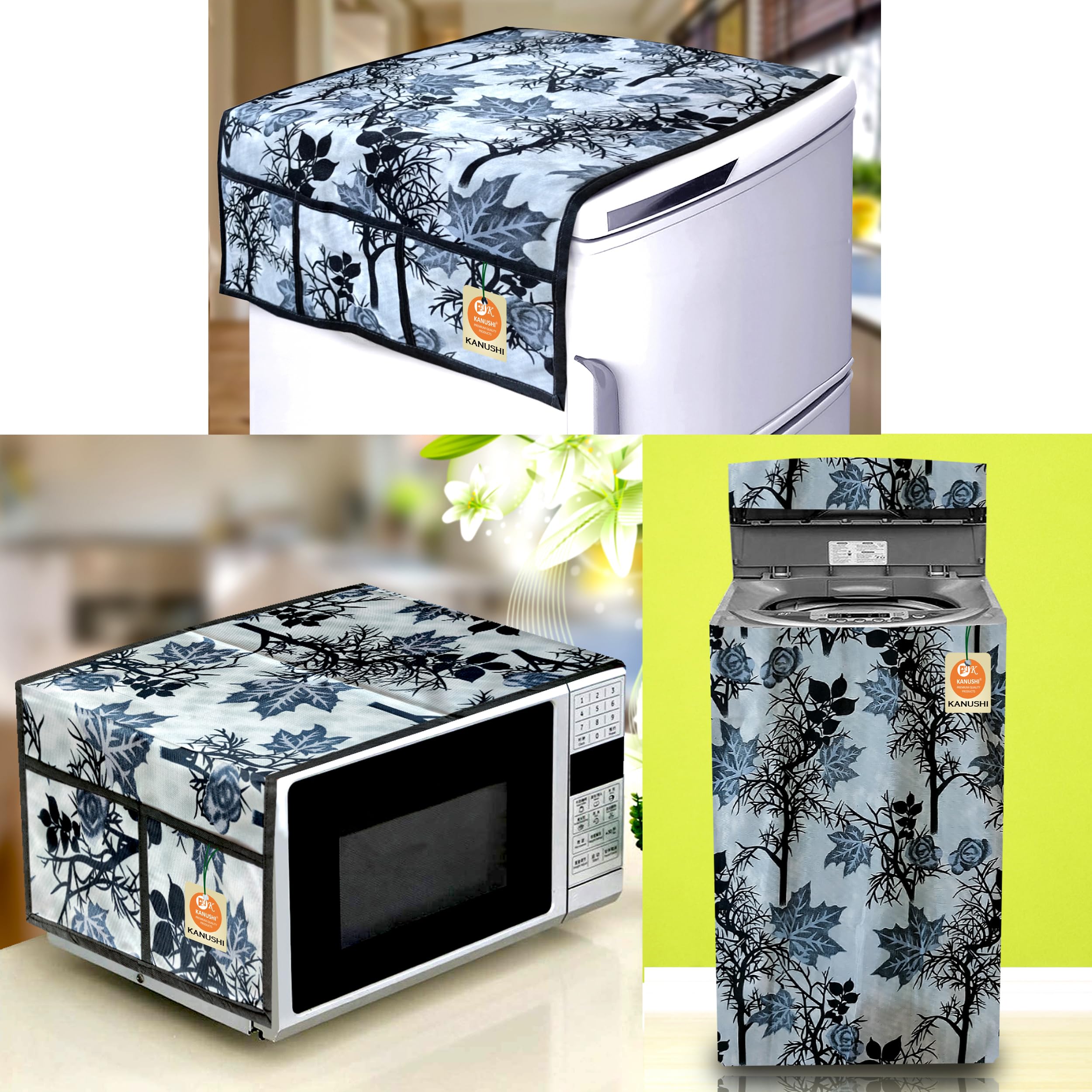 KANUSHI Industries® Microwave/Oven Top Cover + 1 Pc Top Load Fully Automatic Washing Machine Cover + 1 Pc Fridge/Refrigerator Top Cover(MICRO+FRI+W.M-FULLY-BLACK-SHUB)