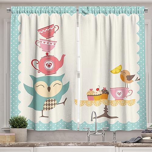 Ambesonne Cortinas de cocina de búho, búho en una fiesta de té, pájaros, magdalenas de limón, tazas de té, diseño vintage, impresión artística de