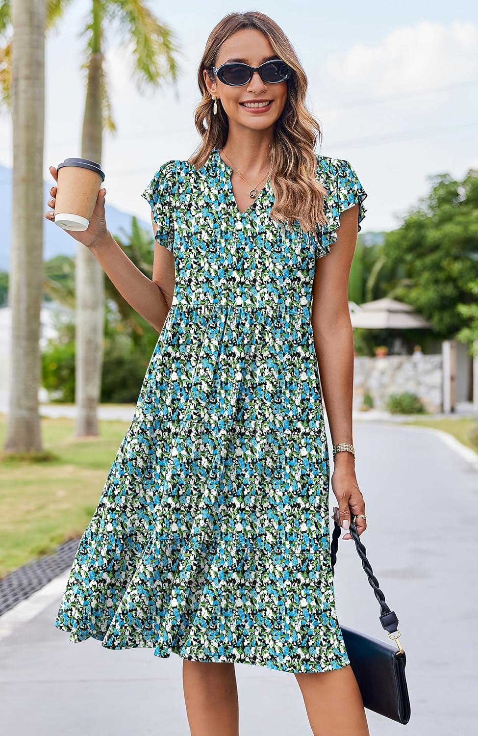 Hount Women's Summer Casual Dress 2026 V Neck Ruffle Sleeve Midi Sundress Flowy Tiered Hawaiian Beach Dresses with Pockets - Image 3