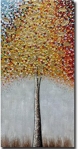 ART8YUQI Pinturas Pintura abstracta moderna colorida árbol de la vida con hoja de oro, arte de pared grande enmarcado en 3D para decoración de