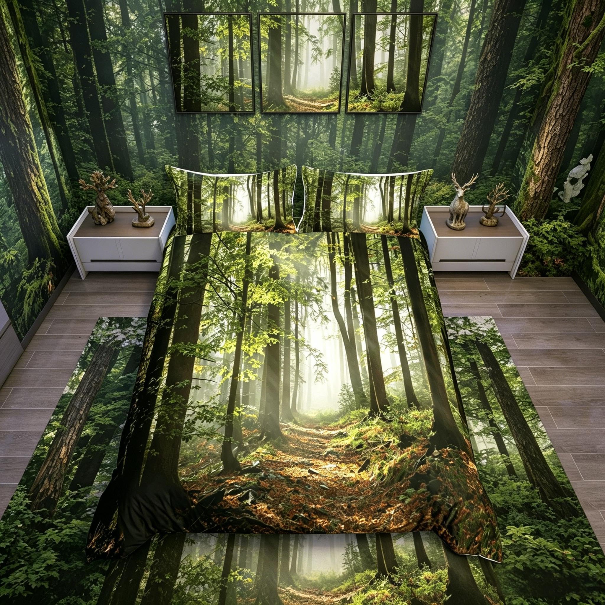 Loussiesd Forest Duvet Cover, Woodland Scene Comforter Cover Single for Adults Women Men, Decorative 2 Piece Bedding Set with 1 Pillow Shams, Forest Pathway Bedspread Cover, Green Brown