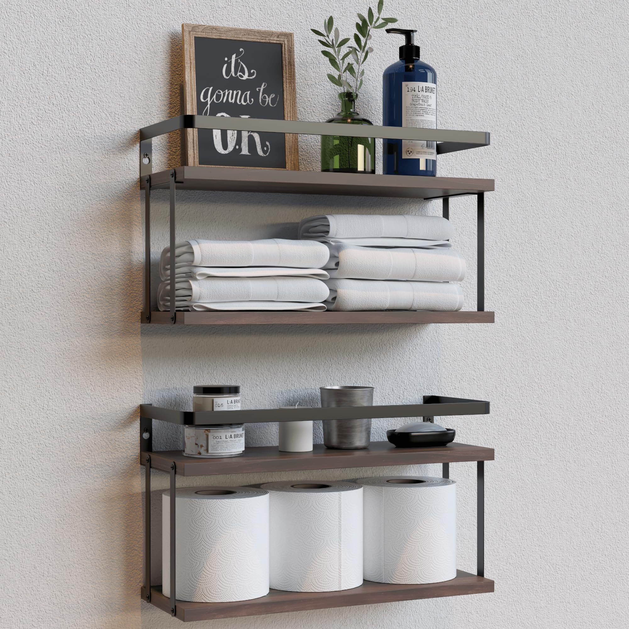 RICHER HOUSE Floating Farmhouse Wall Shelves, Rustic Wood Shelves for Bedroom, Kitchen, Living Room, Bathroom Decor Storage - Brown