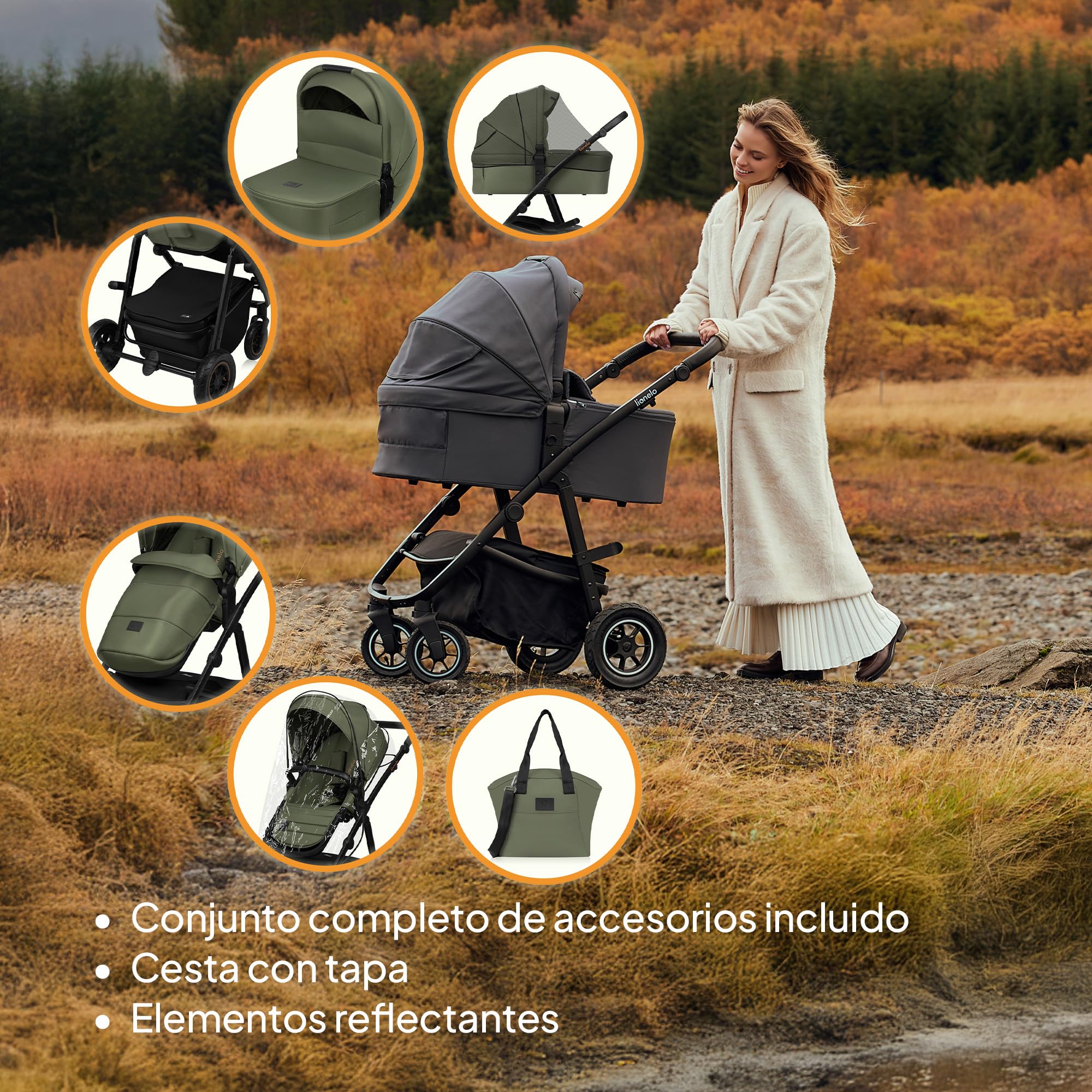 LIONELO AMBER PLUS 3 en 1 Carrito de bebe Multifuncional de 0 a 4 años hasta 22 kg con Capazo XL, Silla de coche hasta 13 kg, Respaldo Ajustable, Ruedas Grandes Todoterreno 360o Capota XXL