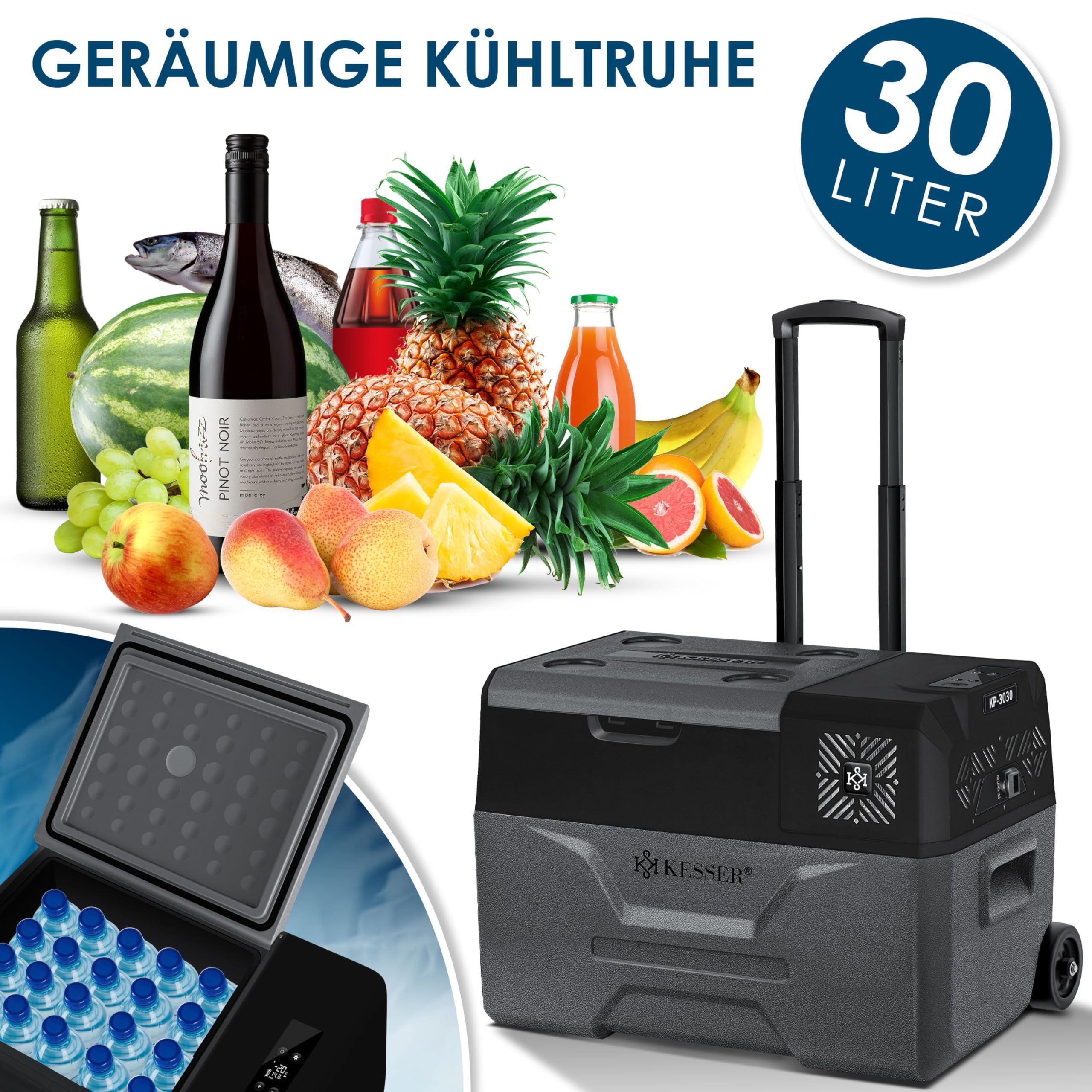 KESSER® Frigobar a compressore 30 litri Frigocongelatore Elettrico con Controllo Tramite App Connessione USB 12/24 V 230 V + Ruote telescopiche Frigorifero Raffreddamento Fino a -20 °C per Auto