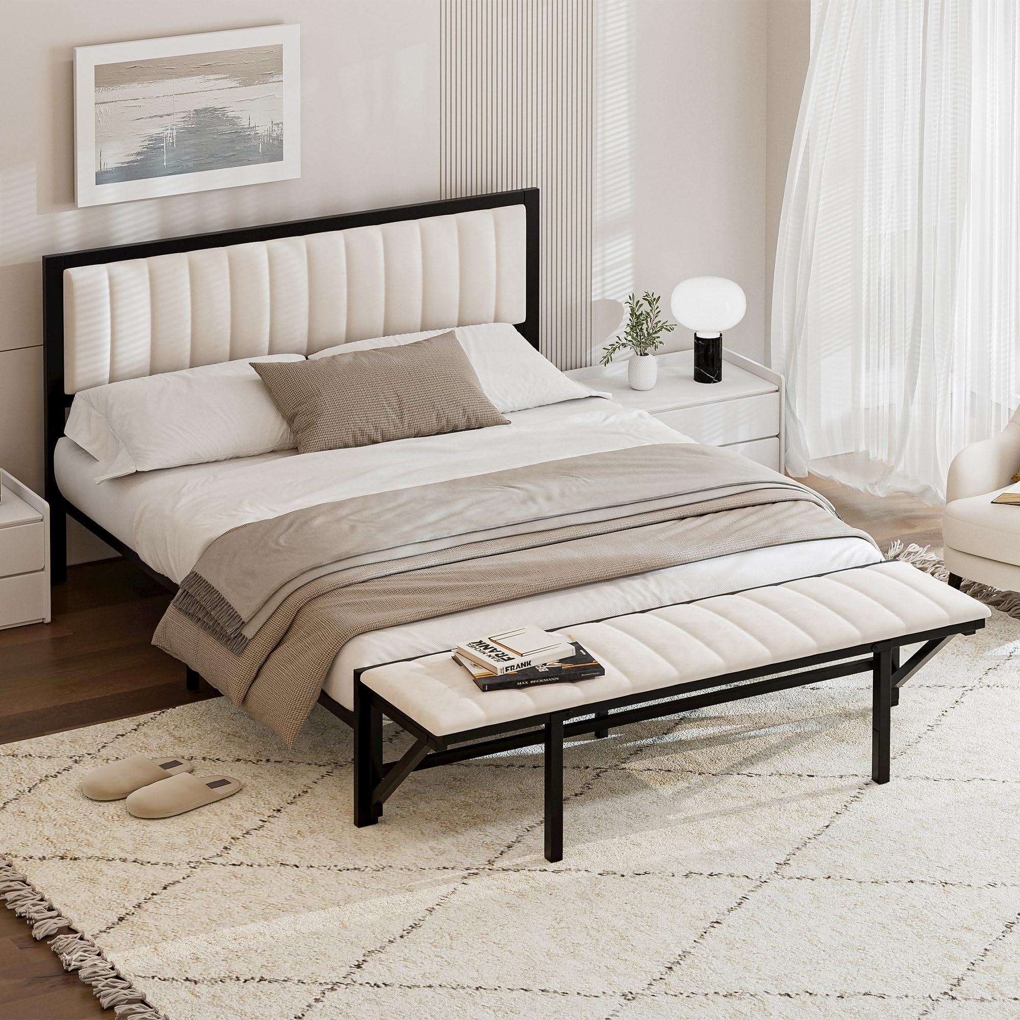 Samt Polsterbett 160x200 mit Endbank (Klappbar), Bettgestell aus Eisen, Doppelbett mit Lattenrost, Multifunktionsbett mit Stauraum, Bett für Jugendliche, Bett für Erwachsene, Flaches Bett, Beige