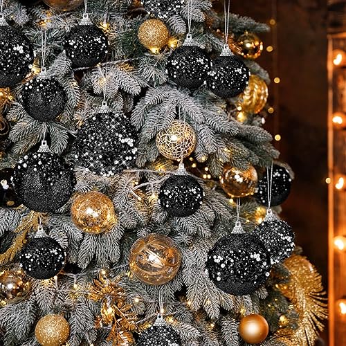 Miniatura 27 de Poen Juego de 24 adornos de bolas de Navidad con brillantina para colgar en el árbol de Navidad, bolas de Navidad de espuma con lentejuelas, Oro rosa