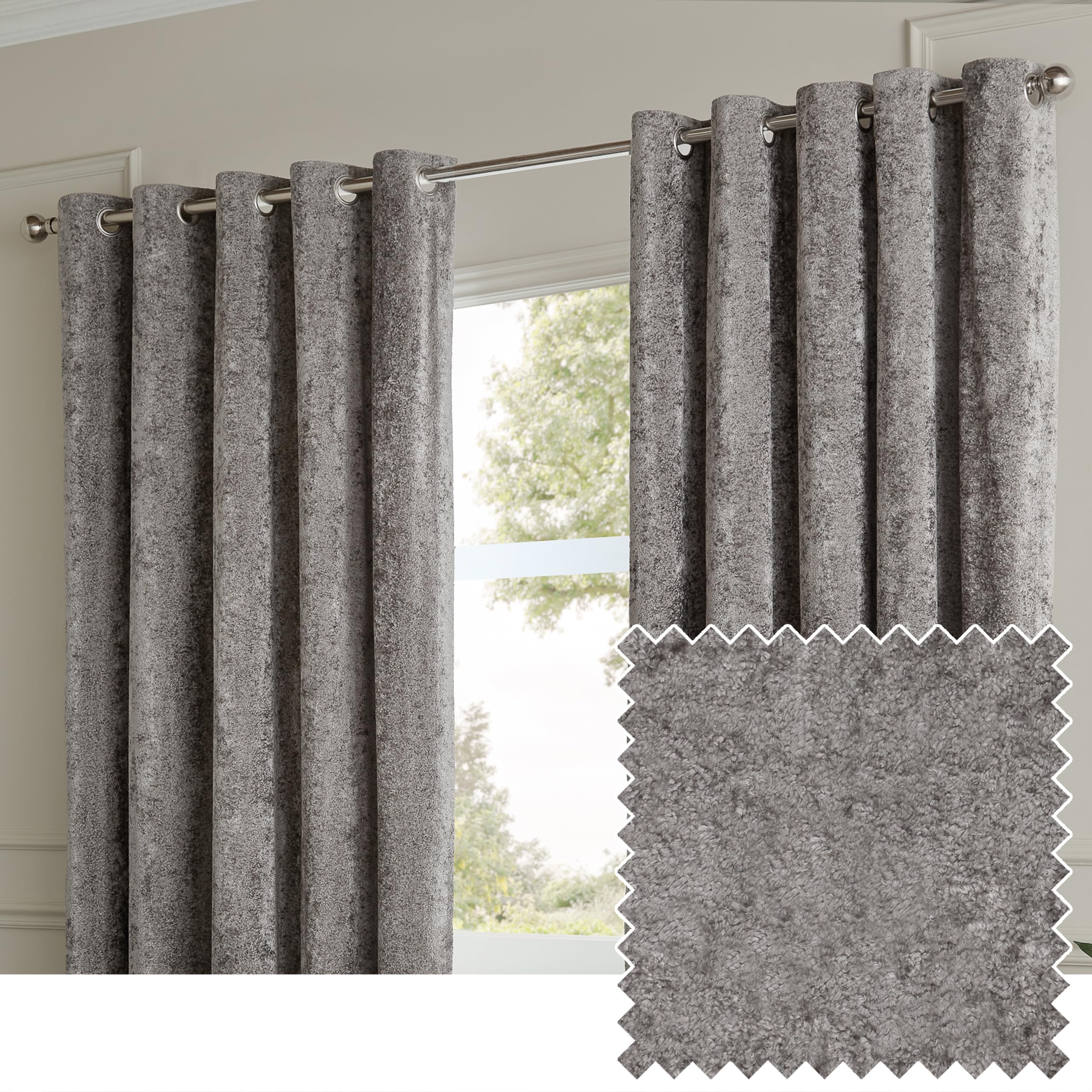 Paoletti Lustre Velvet Eyelet Curtain Pair – Luxury Soft Iridescent Sheen Textured Room Darkening Curtains (Pewter – Width 168 x Drop 183cm)