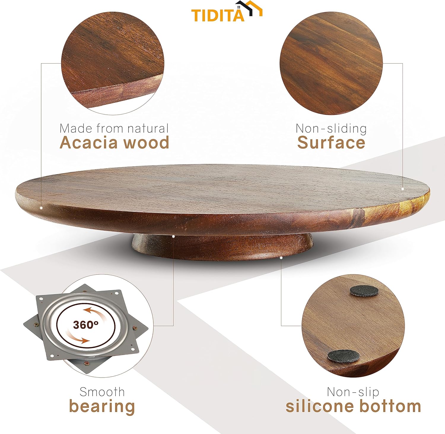 TIDITA 13" Acacia Cake Stand Rotating – Rustic Wood Turntable Pedestal Stands – Wooden Spinning Tables for Food Serving - Round Cake Decorating for Cupcake Dessert Display in Party, Wedding, Birthday
