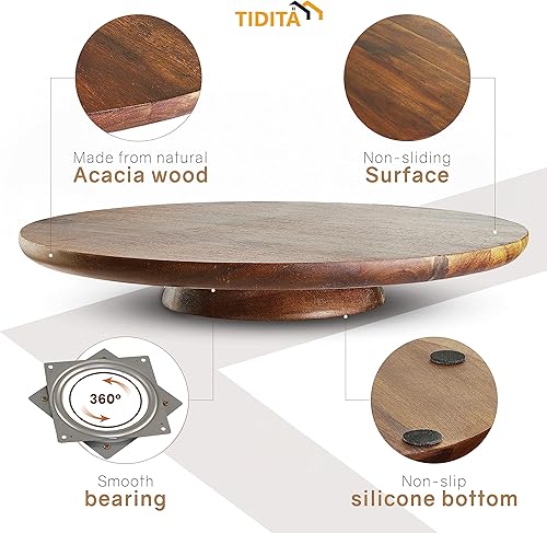 Miniatura 2 de Soporte giratorio para tartas de acacia de 13 pulgadas, soporte de pedestal de madera rústica, mesas giratorias de madera para servir alimentos