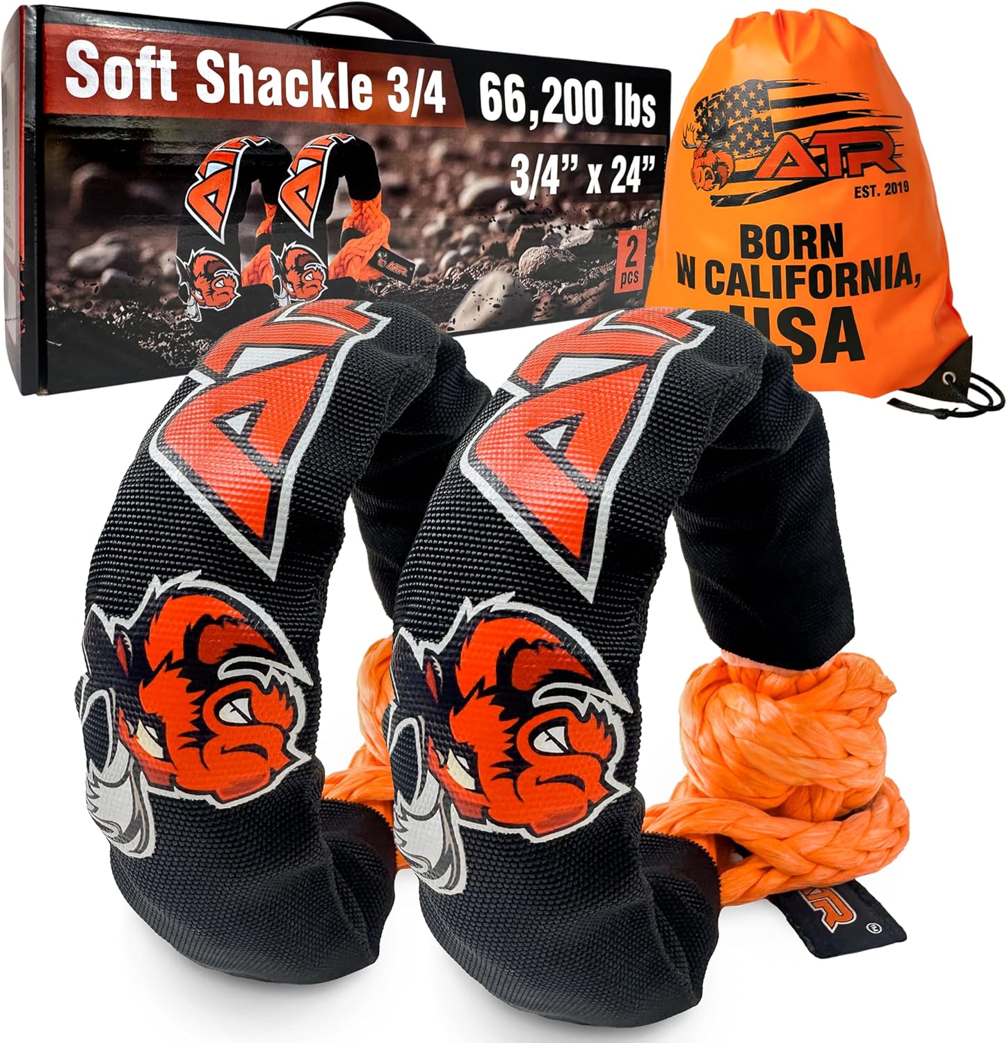 ATR Soft Shackles 3/4” x 24” (2 Pack, Orange) – 66,200 lbs Synthetic Rope Recovery Shackles – Heavy-Duty UHMWPE Tow Connectors for Off-Road 4x4, Jeep, Truck, ATV, UTV