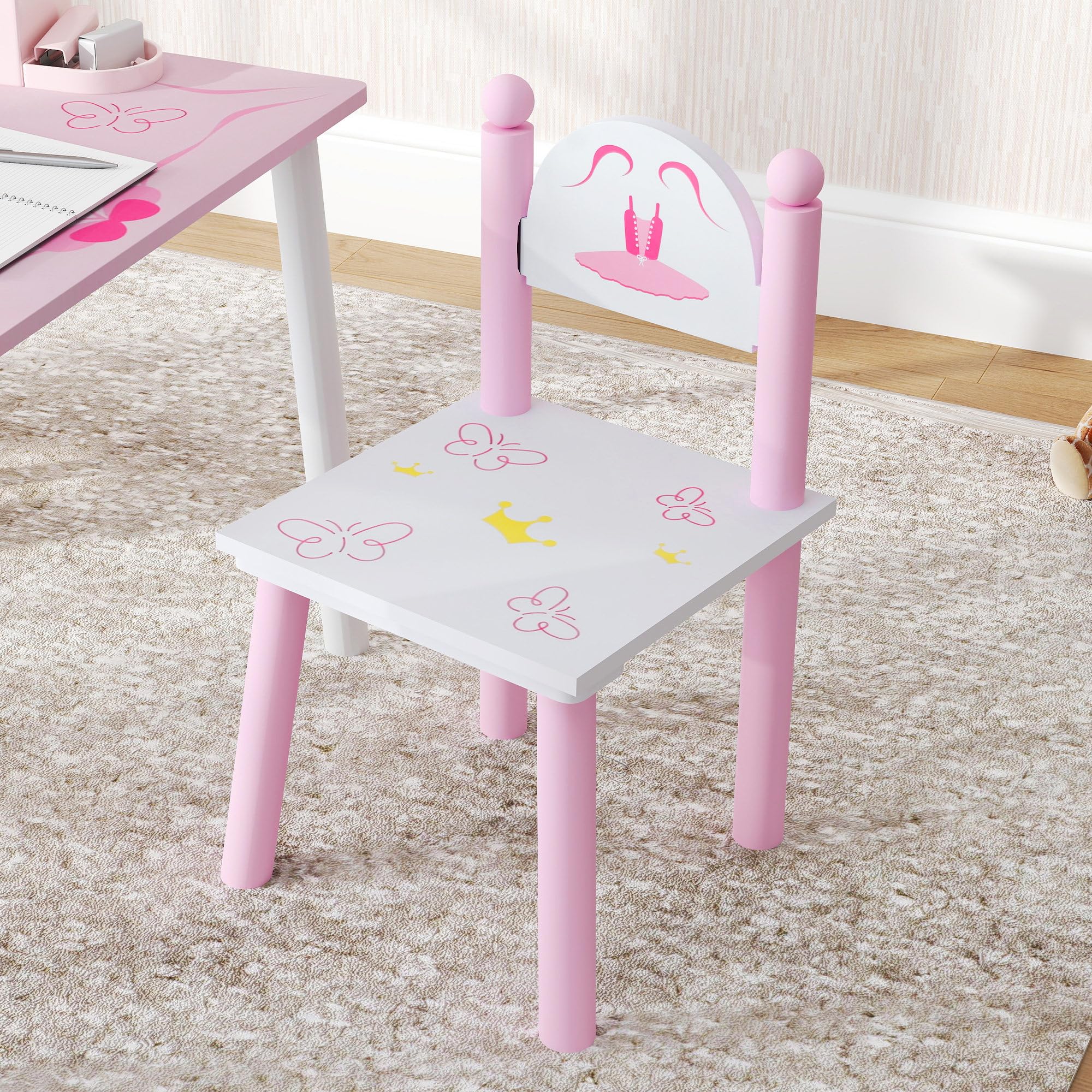 AIYAPLAY Tavolo e sedie per bambini 3 pezzi stile principessa Rosa e bianco