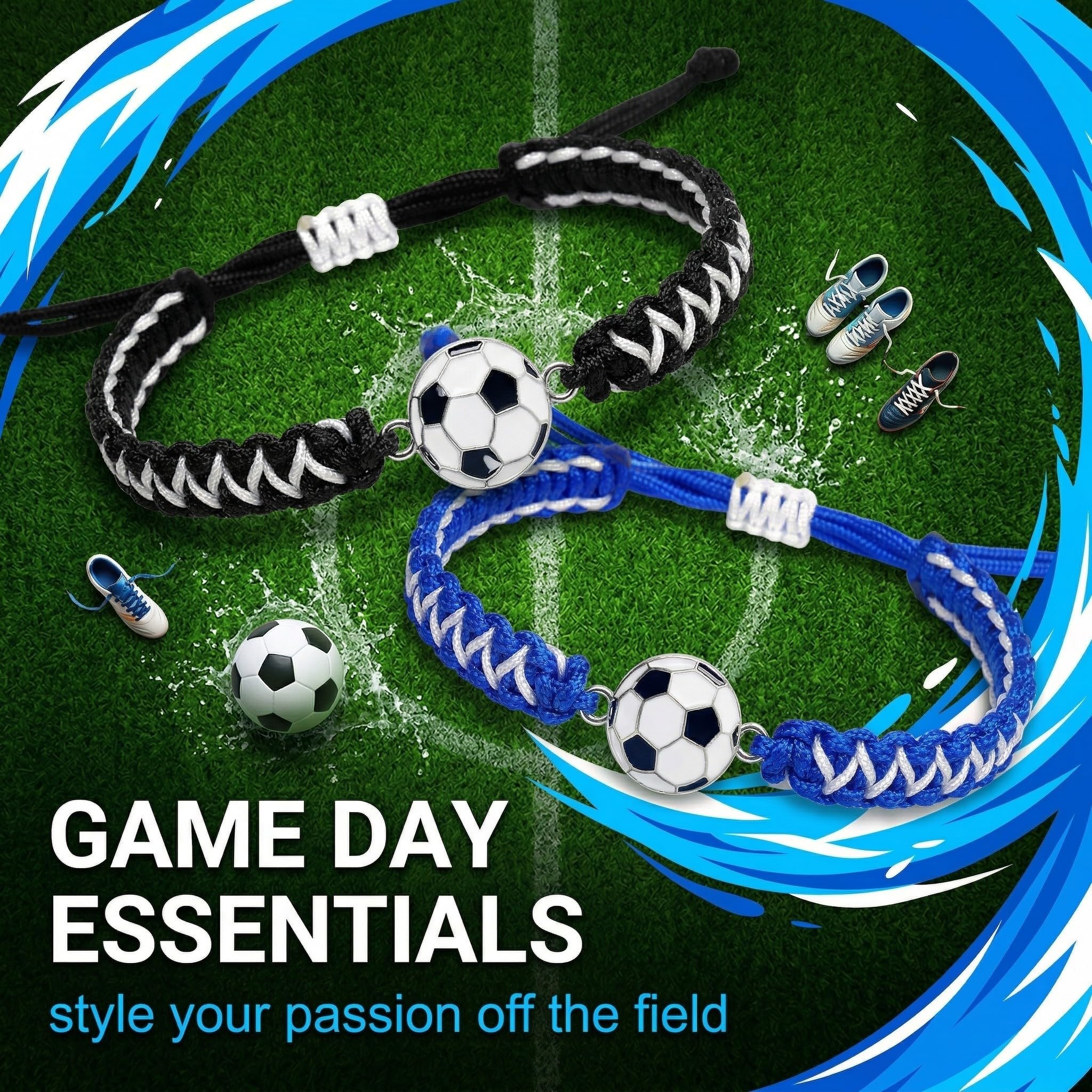 Lot de 2 Bracelets Football Tressés pour Garçon et Enfant, Bracelet d'Amitié Sport Ajustable (14-28cm), Idée Cadeau Anniversaire Footballeur et Supporter, Noir/Blanc et Bleu/Blanc