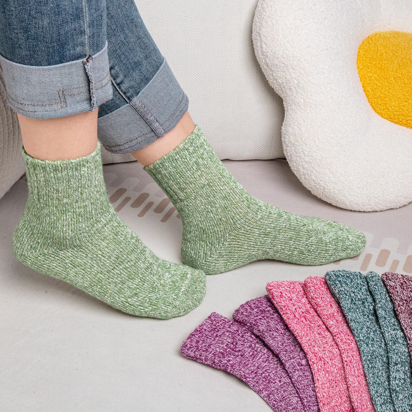 Justay 5paires Chaussettes Femme en Laine Mérinos Chaude Douce pour Hiver, Chaussette Épaisse Unisexe Multicolore（vert, rose, rouge 36-42）, (001-1)