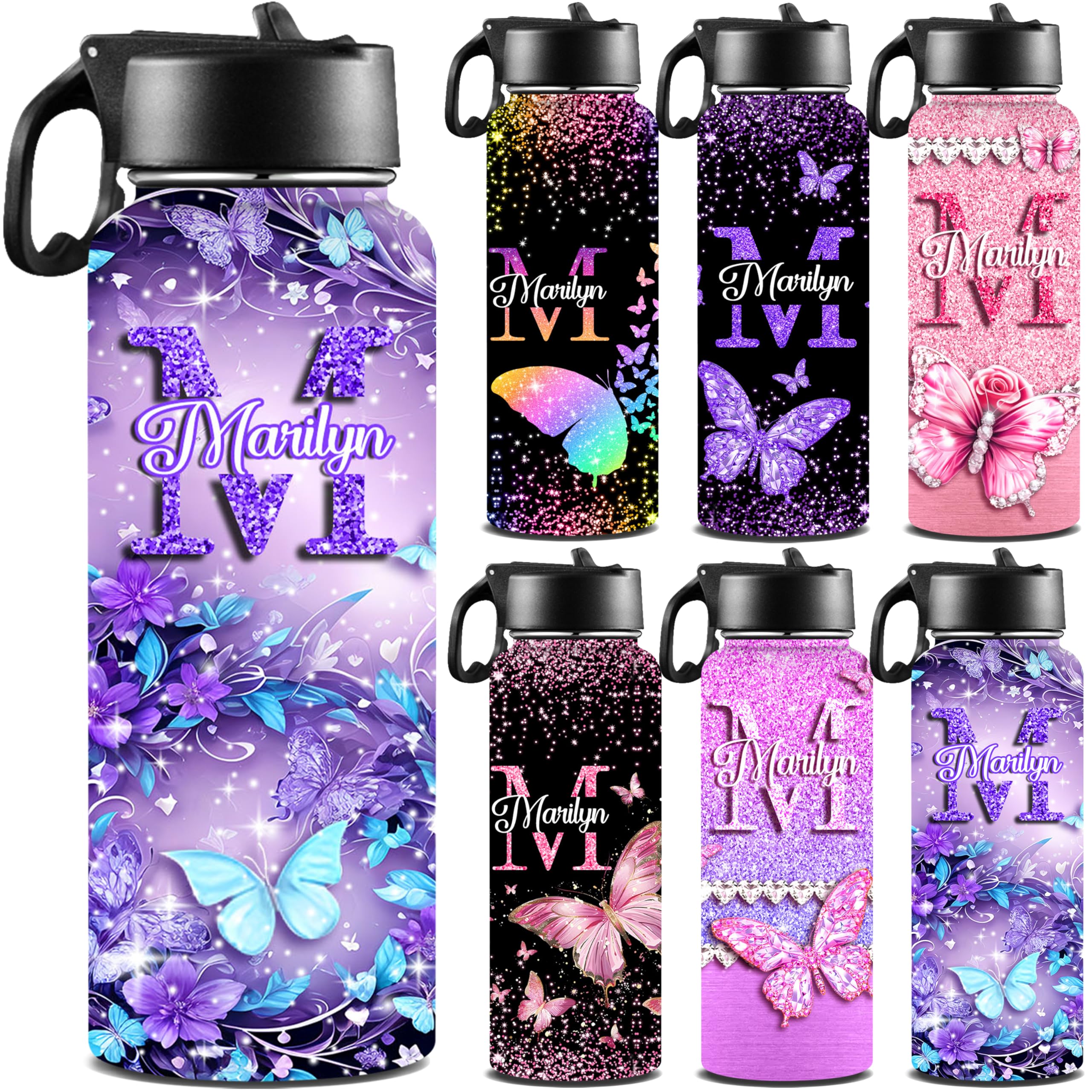 Personalized Butterfly Water Bottles for Girls with Straw Lid Custom Sports Water Bottle for School Customized Name Stainless