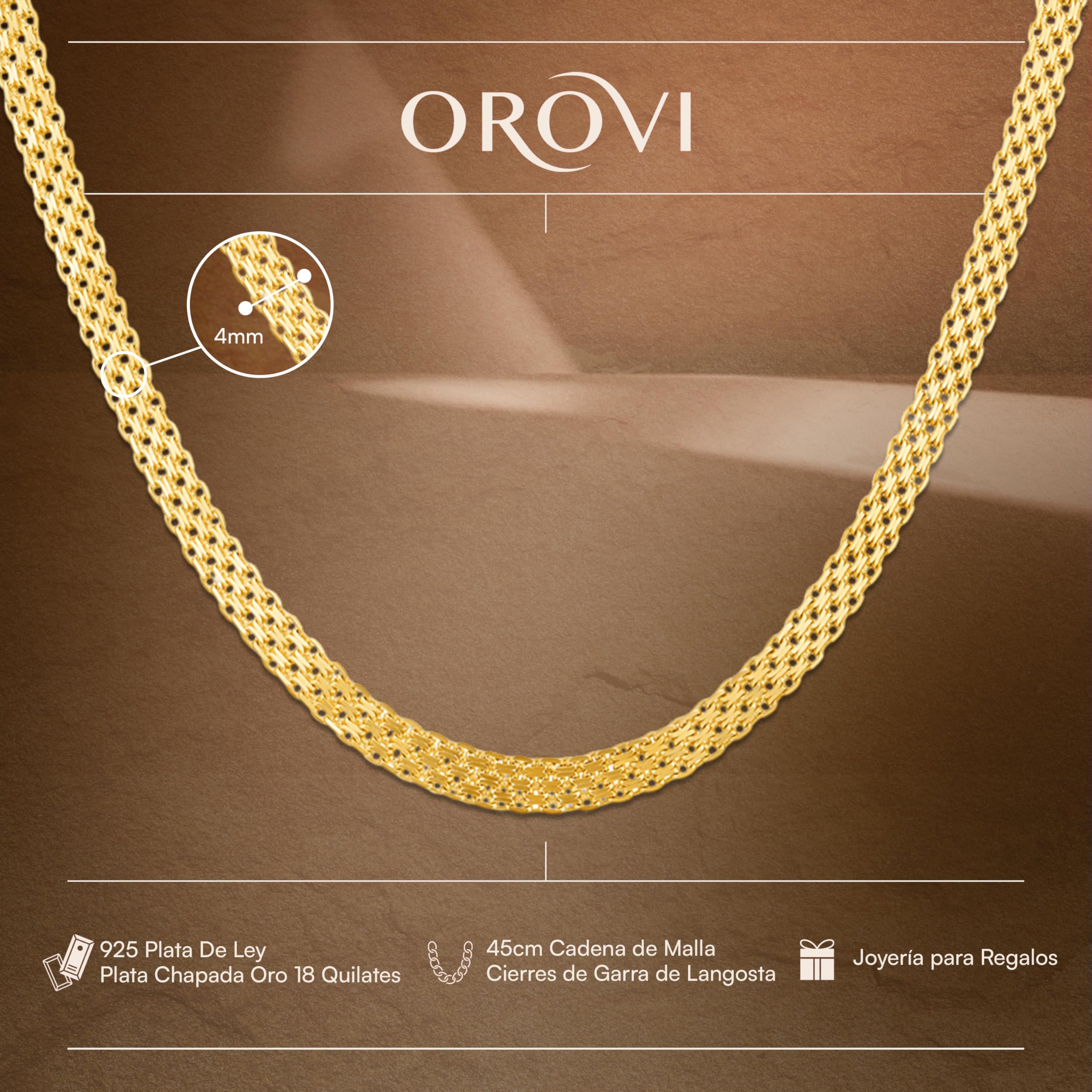 Orovi Gargantilla Dorada Mujer de Malla en Plata de ley 925 Bañado en Oro de 18 Quilates Longitud 45cm Ancho 4mm con Cadena de Extensión 5cm Cierre de Mosquetón Fabricado en Italia Entregado en Joyero