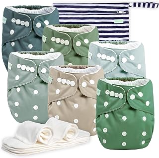 Wegreeco Reusable Cloth Diapers 6-Pack with Inserts & Wet Bag - One Size Adjustable for Babies 8-33 lbs, Leak-Proof & Eco-Friendly (Green)
