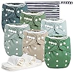 wegreeco Cloth Diapers 6 Pack with 6 Inserts & 1 Wet Bag, Washable Cloth Diapers for Babies, One Size Adjustable Reusable (Green)