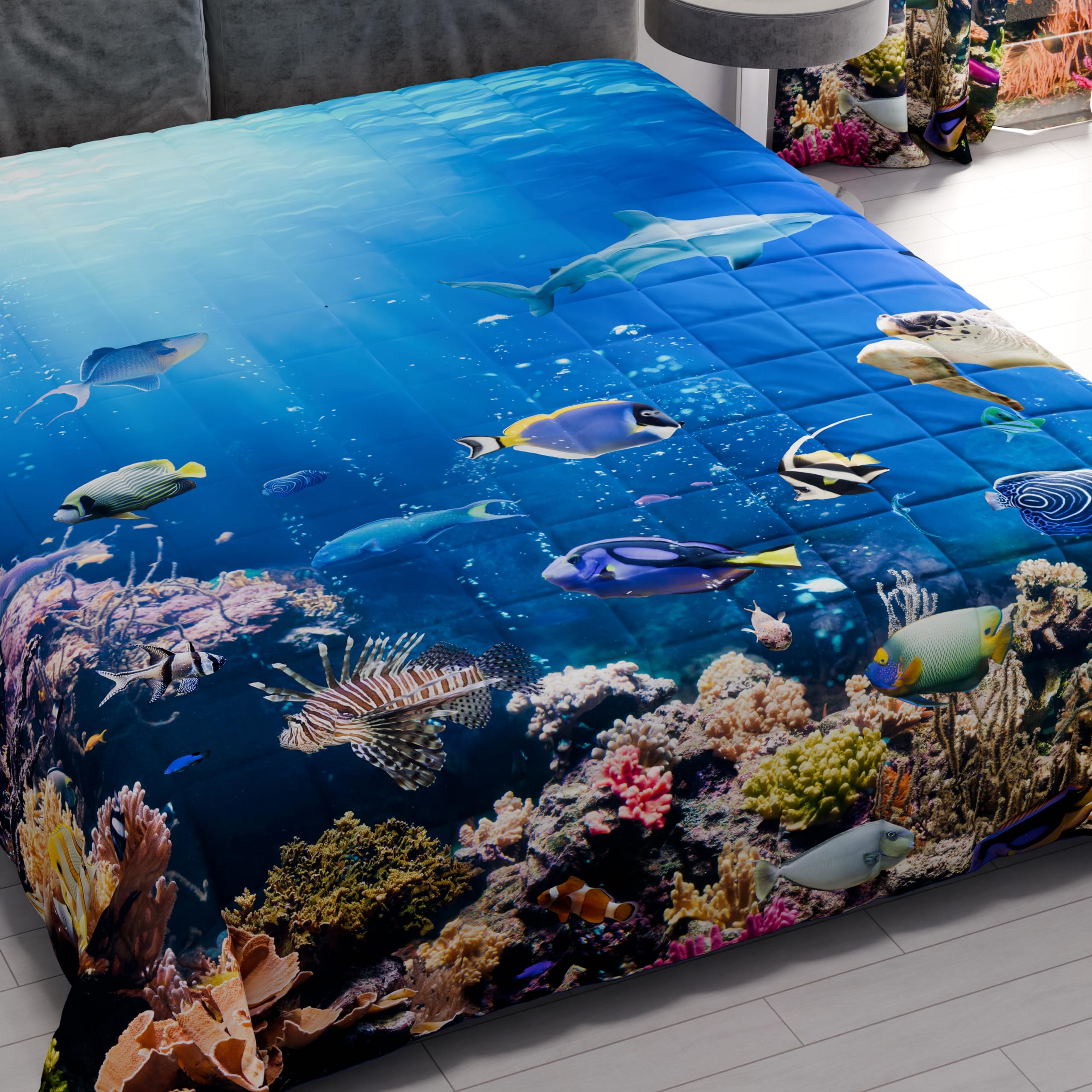 PETTI Artigiani Italiani - Copriletto Matrimoniale Estivo 260x270cm 100 g/m² Double Face, Trapuntino Matrimoniale Primaverile, Trapunta Leggera, Acquario, 100% Made in Italy