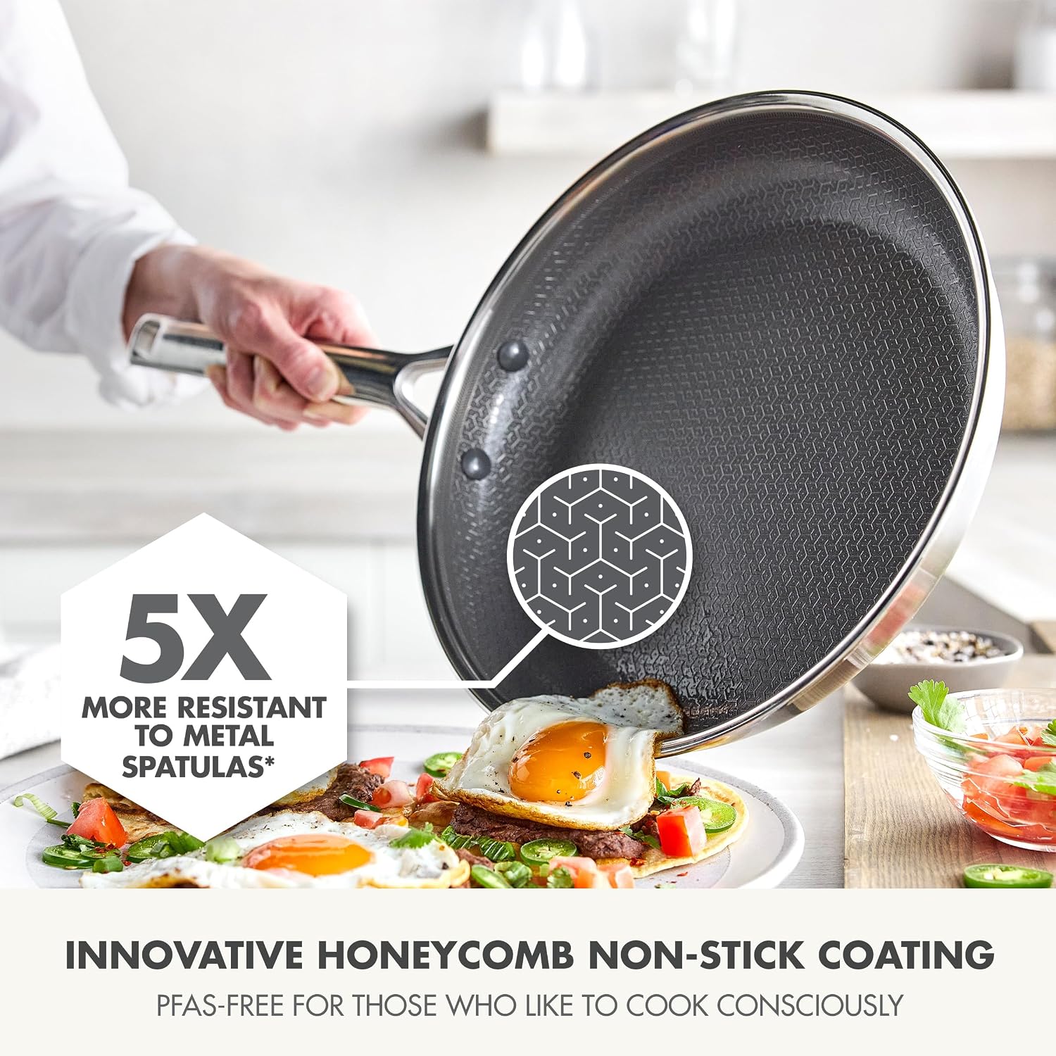 GreenPan Hybrid Non-Stick Stainless Steel Sauté Pan with Glass Lid, 24 cm, APEX Tri-Ply Thermobond, PFAS-Free Ceramic Pan, Induction Safe, Oven Safe up to 220°C, Dishwasher Safe, Silver