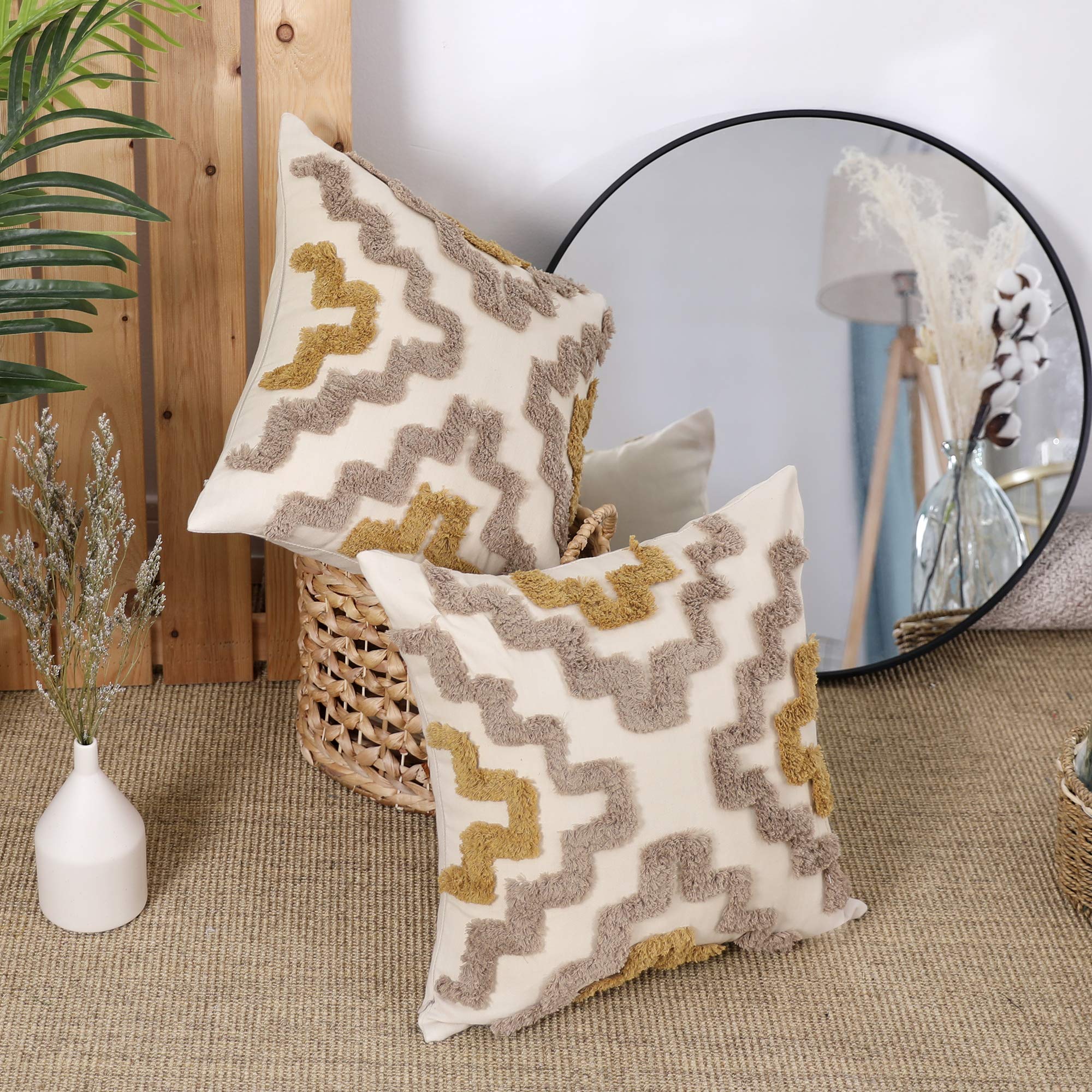 Deconovo Flaxen And Khaki Pack Of 2 Decorative Cotton Cushion Covers 45Cm X 45Cm Ladder Pattern Embroidery Square Throw Pillow Protectors For Kids With Invisible Zipper 18X18 Inches