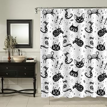 MitoVilla Witch's Cat Shower Curtain Set with Hooks for Bathroom Decor, Cat and Sugar Skull Mexican Style Bathroom Accessories, Cat Themed for Women, Men and Kids, 72" W x 72" L