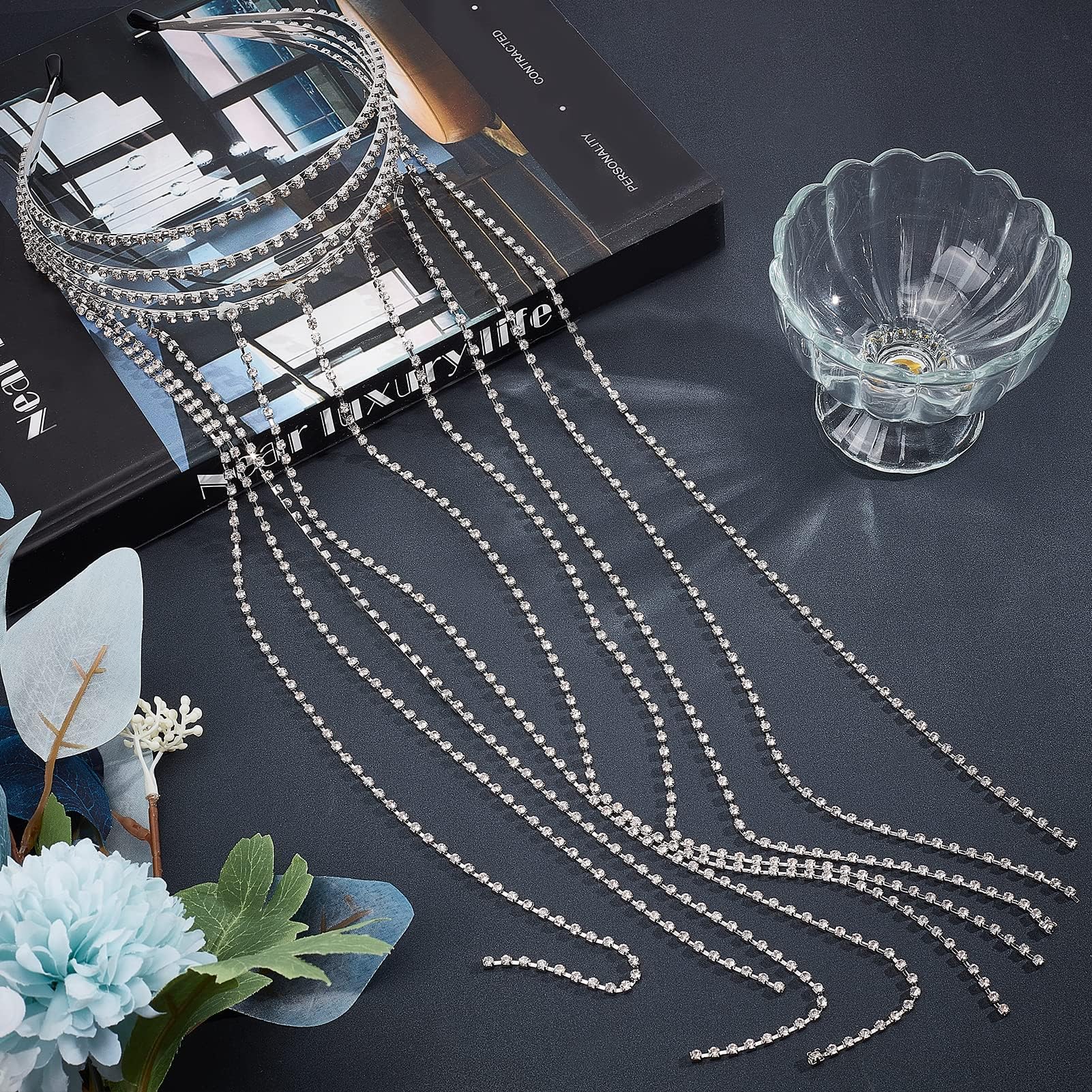 Strass Kopfkette Mit Langen Quasten, Silber, Für Braut, Brautjungfer & Festliche Anlässe