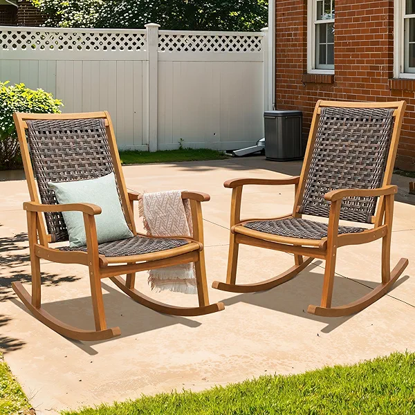 IDZO Wood Wicker Rocking Chair, 400 lbs Capacity, Durable Eucalyptus Wood, Natural Finish, Comfortable Curvy Design, Ideal for Deck, Patio Furniture, Teak Outdoor Furniture, Set of 2