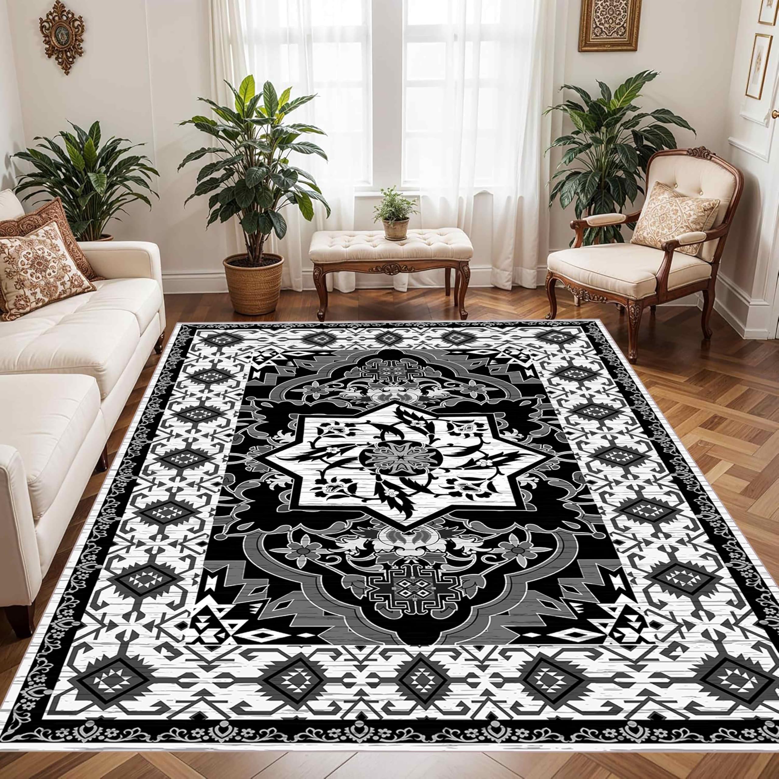 Ykncxzy Large Vintage Area Rug, 180x300cm, Classic Gray Black Floral Traditional Classic Oriental Printed Throw Rugs, Foldable Easy to Clean Distressed Design Floor Mat for Bedroom Bedside