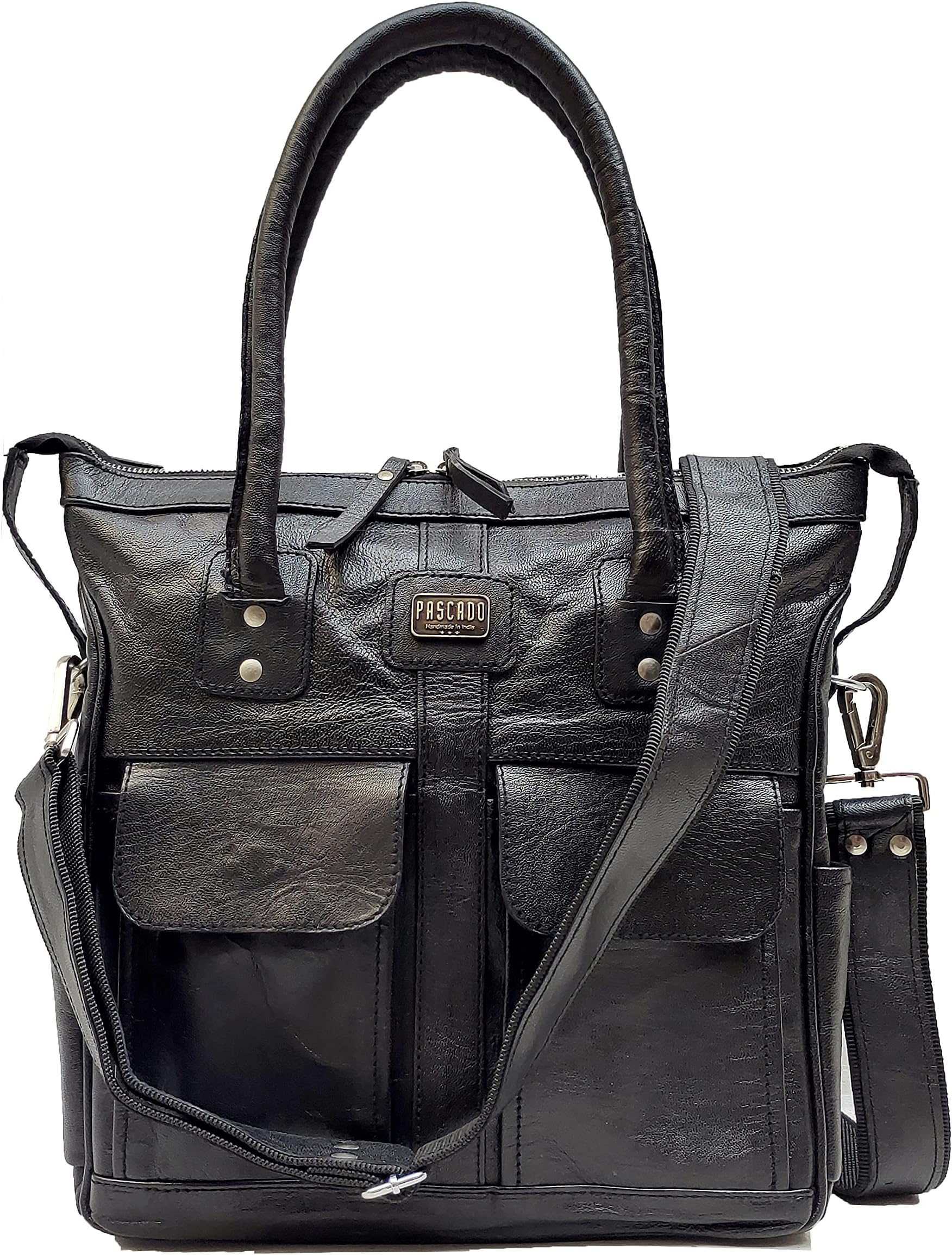 Pascado Vintage Black leather tote purse satchel handbag for women with zipper and pockets -Voyage Black