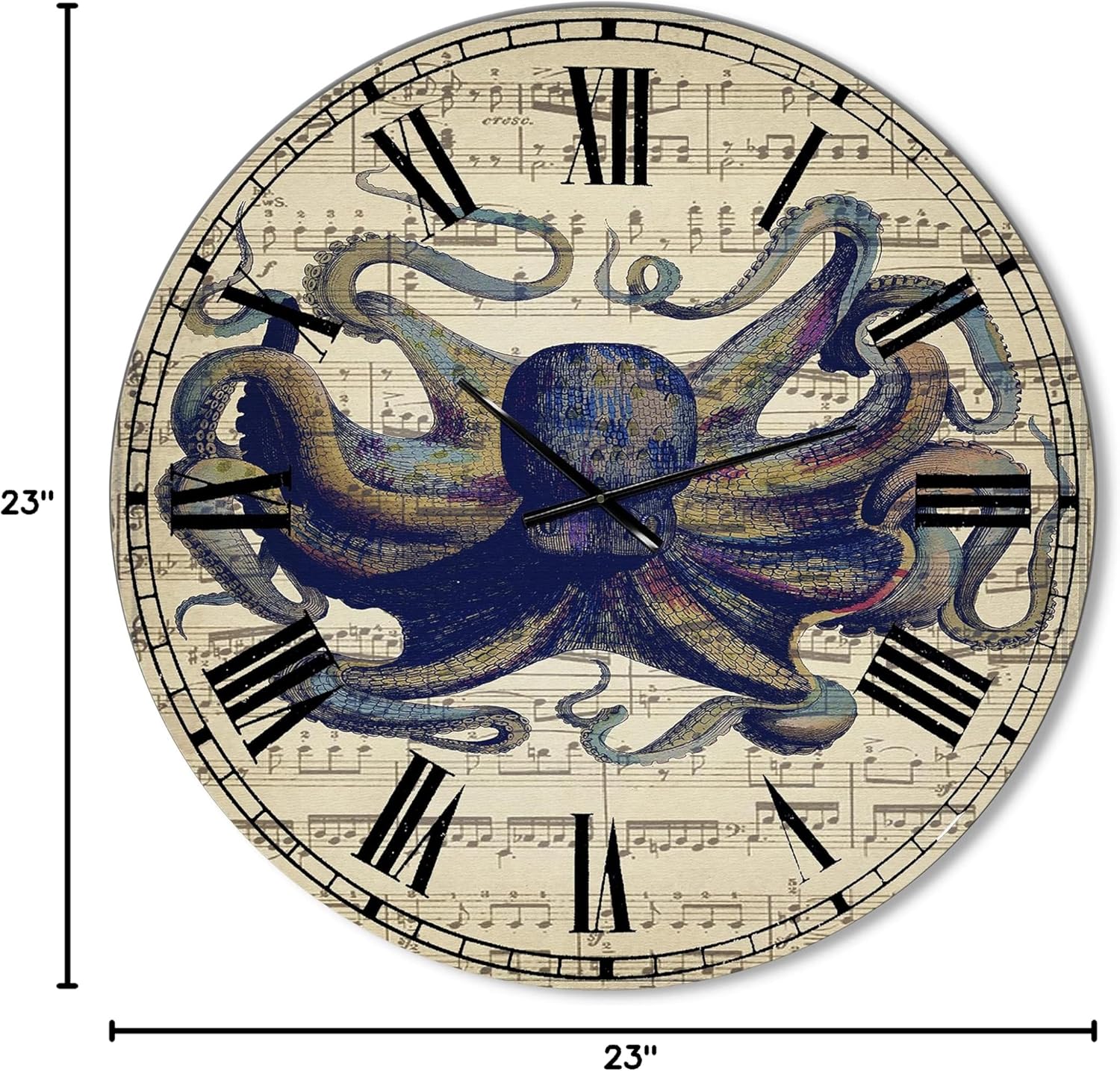 'Octopus Music Score I' Oversized Nautical & Coastal Wall Clock for Home Bedroom Bathroom Office Living Room Decoration