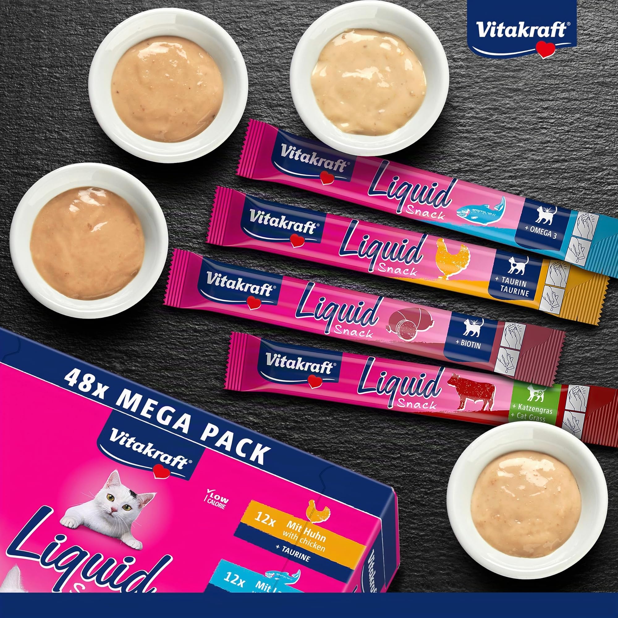 Vitakraft Liquid snack per gatti, snack gatto in formato mega pack, consistenza cremosa, con manzo, con pollo, con salmone, 1 confezione scorta (48x 15g)