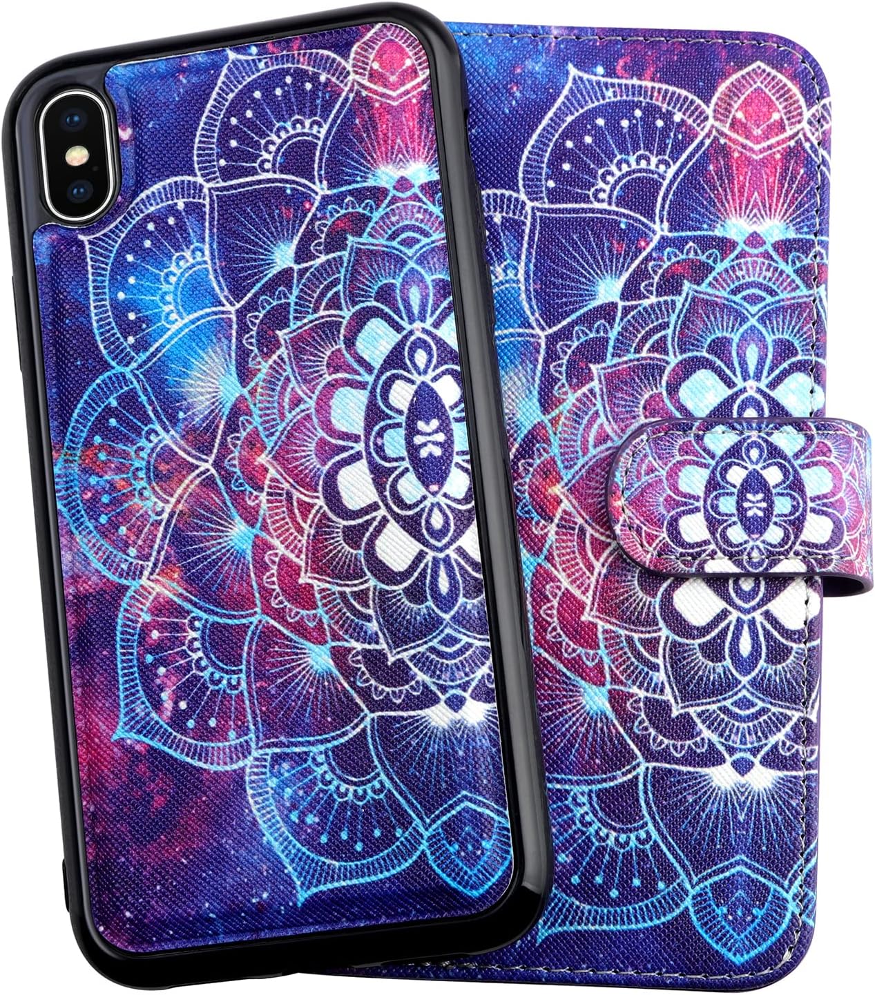 Vofolen 2-in-1 Case for iPhone X Wallet Card Holder ID Slot Detachable Strap Protective Slim Hard Shell Magnetic PU Leather Folio Pocket Flip Cover for iPhone Xs 5.8 Mandala Lilac