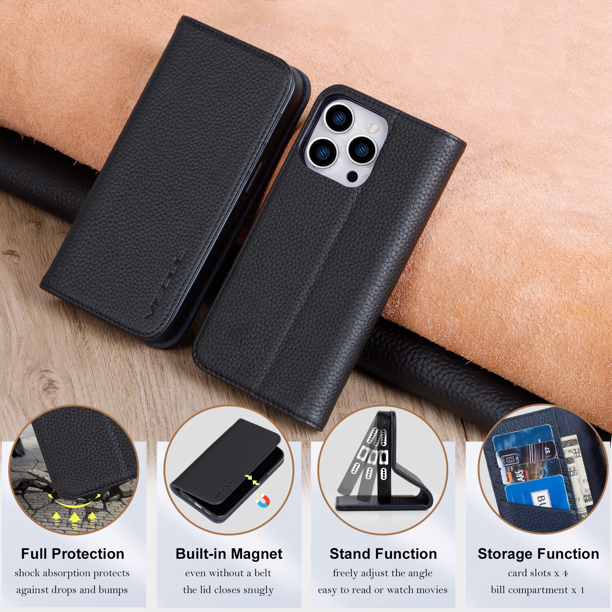 VISOUL Brieftaschen-Hülle Für IPhone 14 – Magnetische Klapphülle Aus Kohlefaser-Leder, Mit Kartenfächern & Ständer