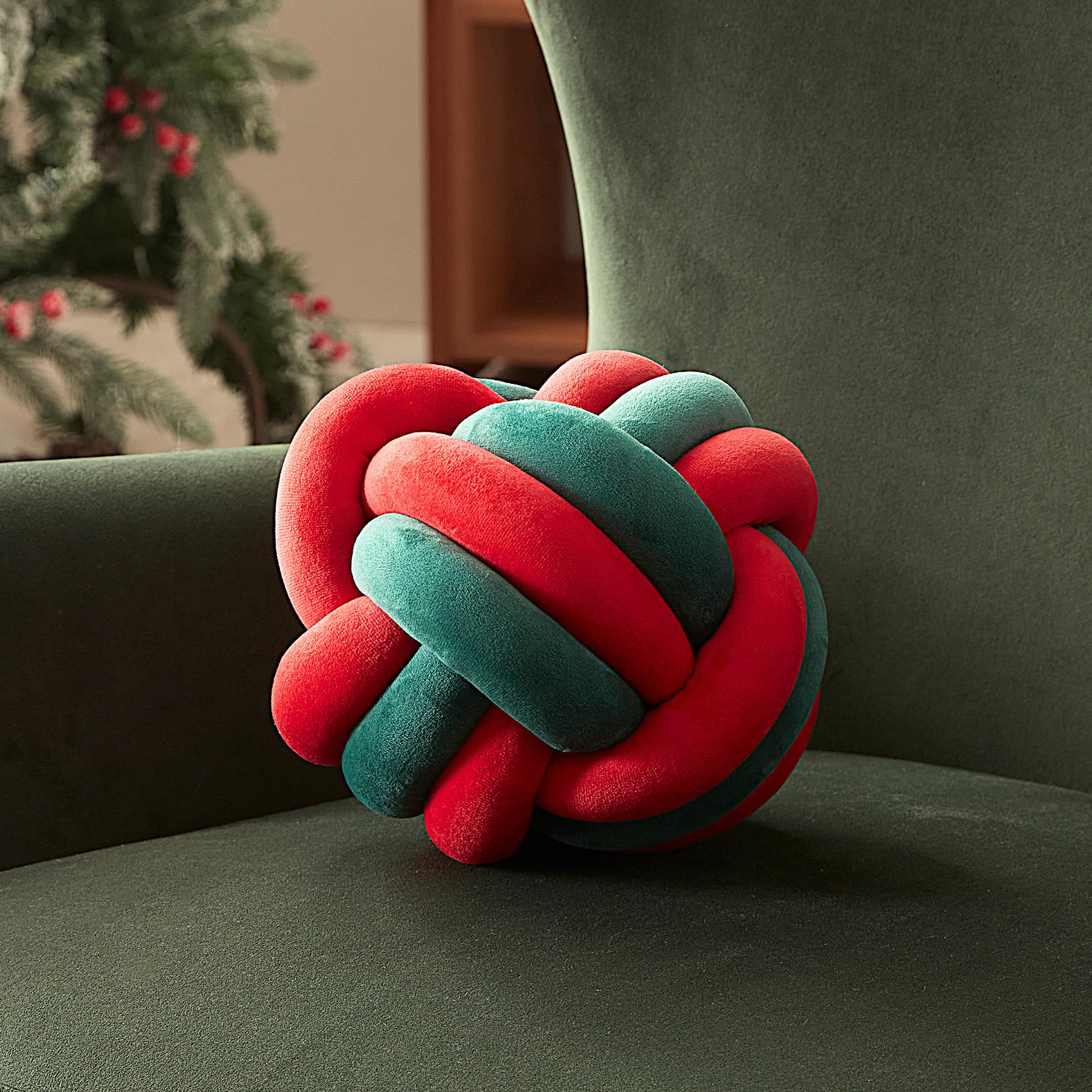 Sonvie Knot Ball Pillow Decorative Knotted Cushion,22cm diametre red+green