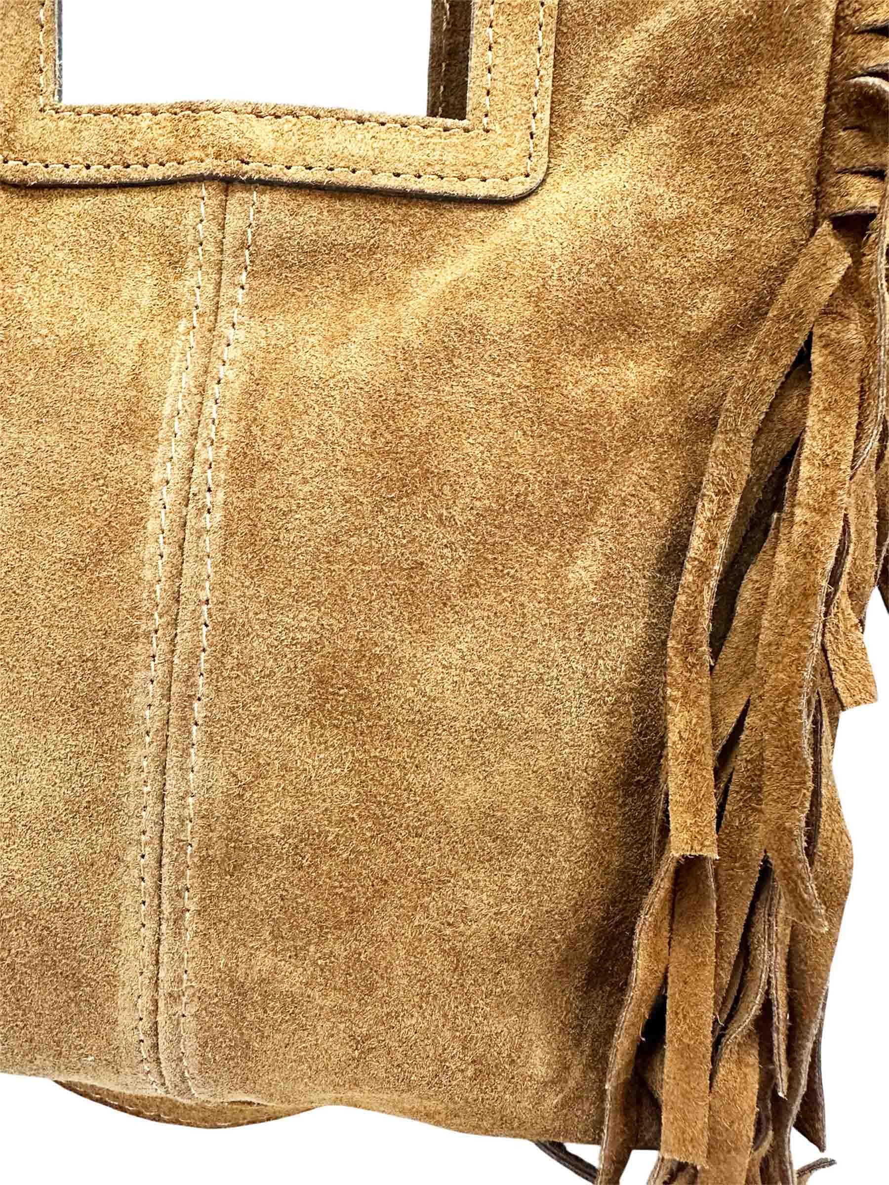 Borsa a tracolla in pelle scamosciata con frange, realizzata in Italia, in due varianti
