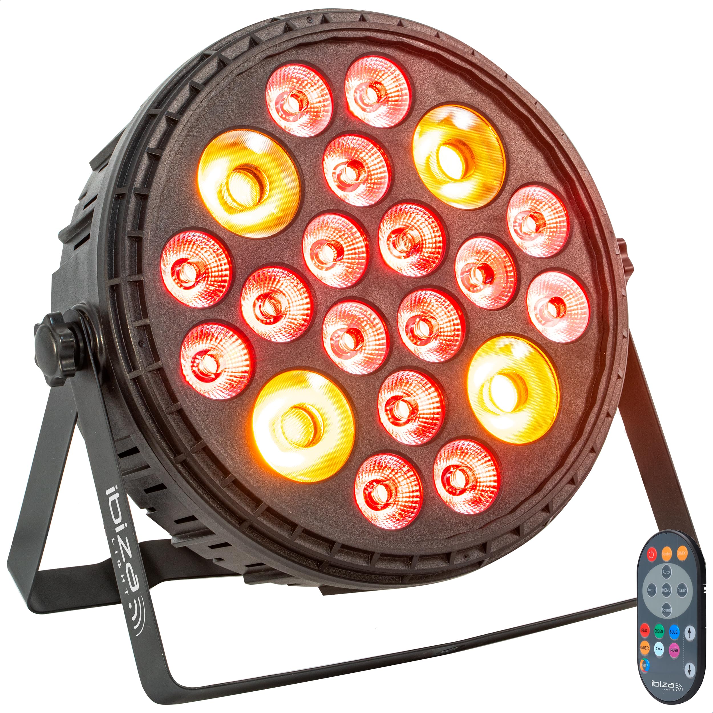 Ibiza - BIGPAR-16RGBW4A - Proiettore PAR XXL - 16 LED RGBW Multicolore + 4 LED ambra - 12 canali DMX - Effetto stroboscopico e dimmer - Telecomando - Serate, feste, palchi, spettacoli, eventi