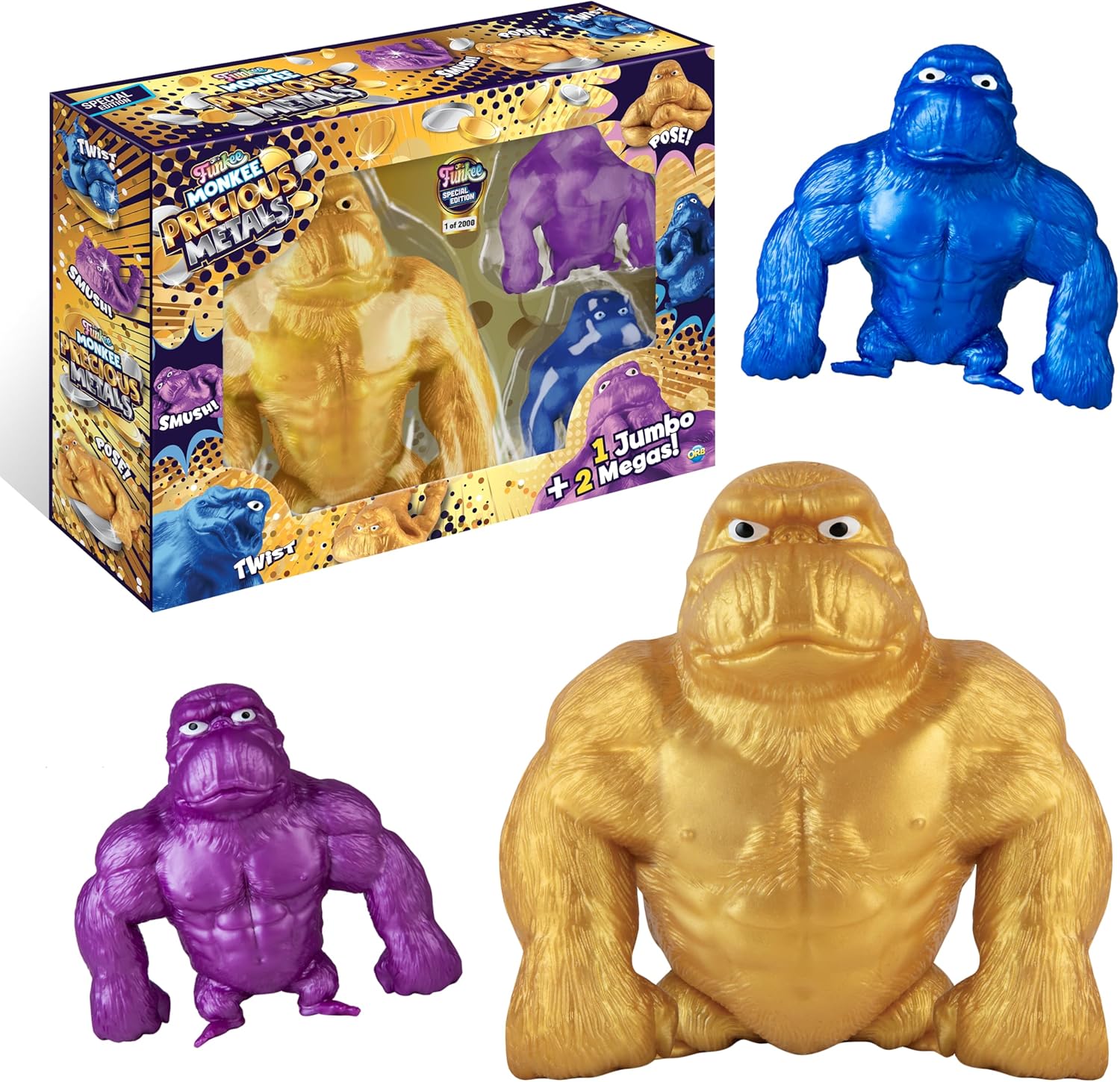 ORB Funkee Monkee Metallic Golden Squishy Monkey Toy 3 Pack - 1 4.5 lb Jumbo Golden Monkee and 2 Mega Precious Metal Monkeys - Collectible Stretchy Funky Monkey Splat, Stress Toys for Kids Adults