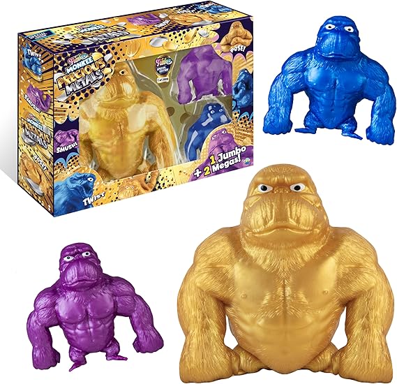 ORB Funkee Monkee Metallic Golden Squishy Monkey Toy 3 Pack - 1 4.5 lb Jumbo Golden Monkee and 2 Mega Precious Metal Monkeys - Collectible Stretchy Funky Monkey Splat, Stress Toys for Kids Adults