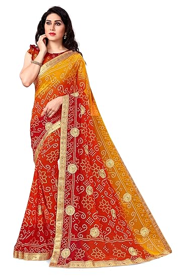SOURBH Women's Georgette Bandhani Printed Parties Wear Saree with Blouse Piece
