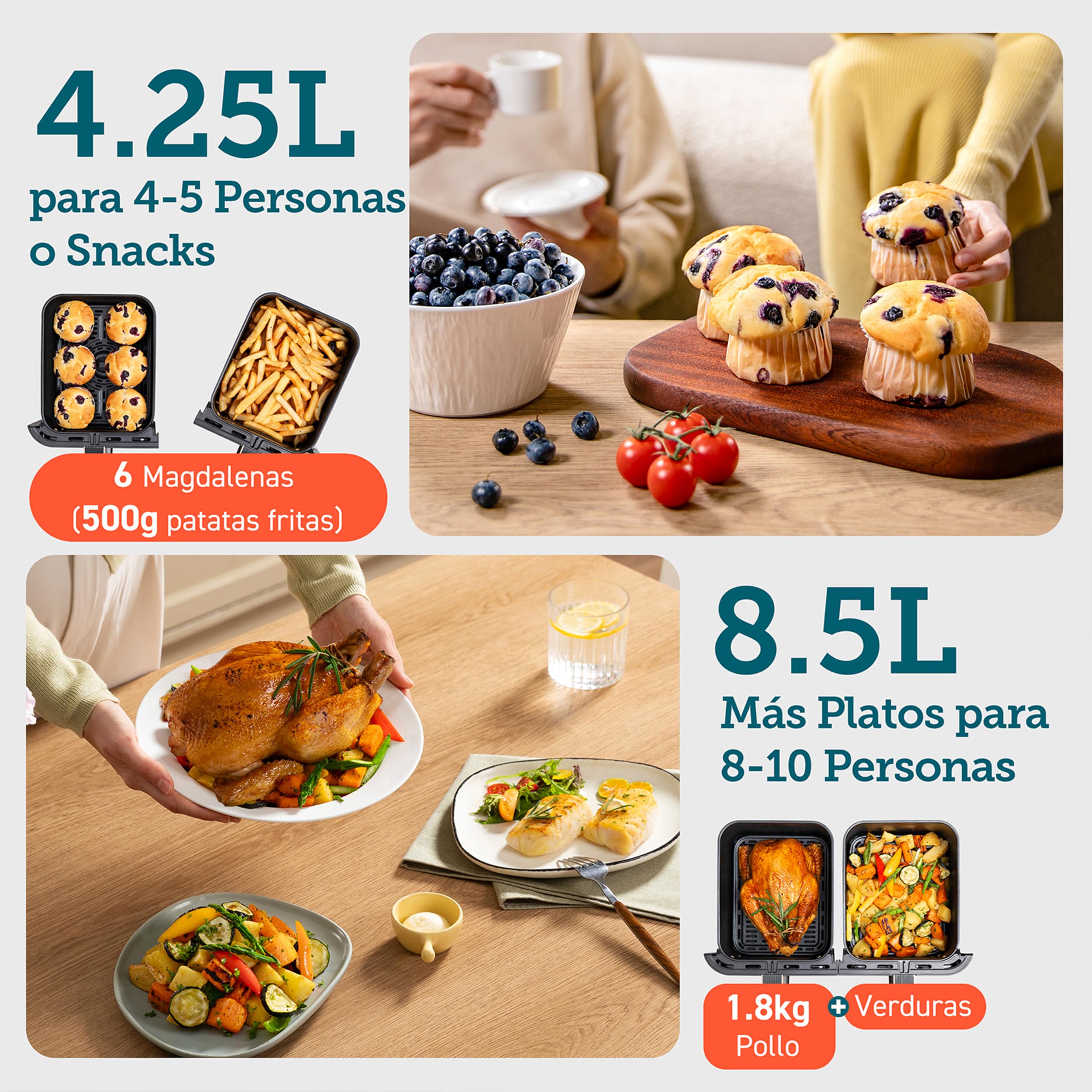 Cosori Freidora de Aire 8,5L, Doble Cesta con Ventana, 10 Funciones, Oro | Ventana para Ver Fácilmente, Interior Metálico Más Seguro, 2 Platos a la Vez, Alta Potencia y 55% de Eficiencia, Bajo Ruido