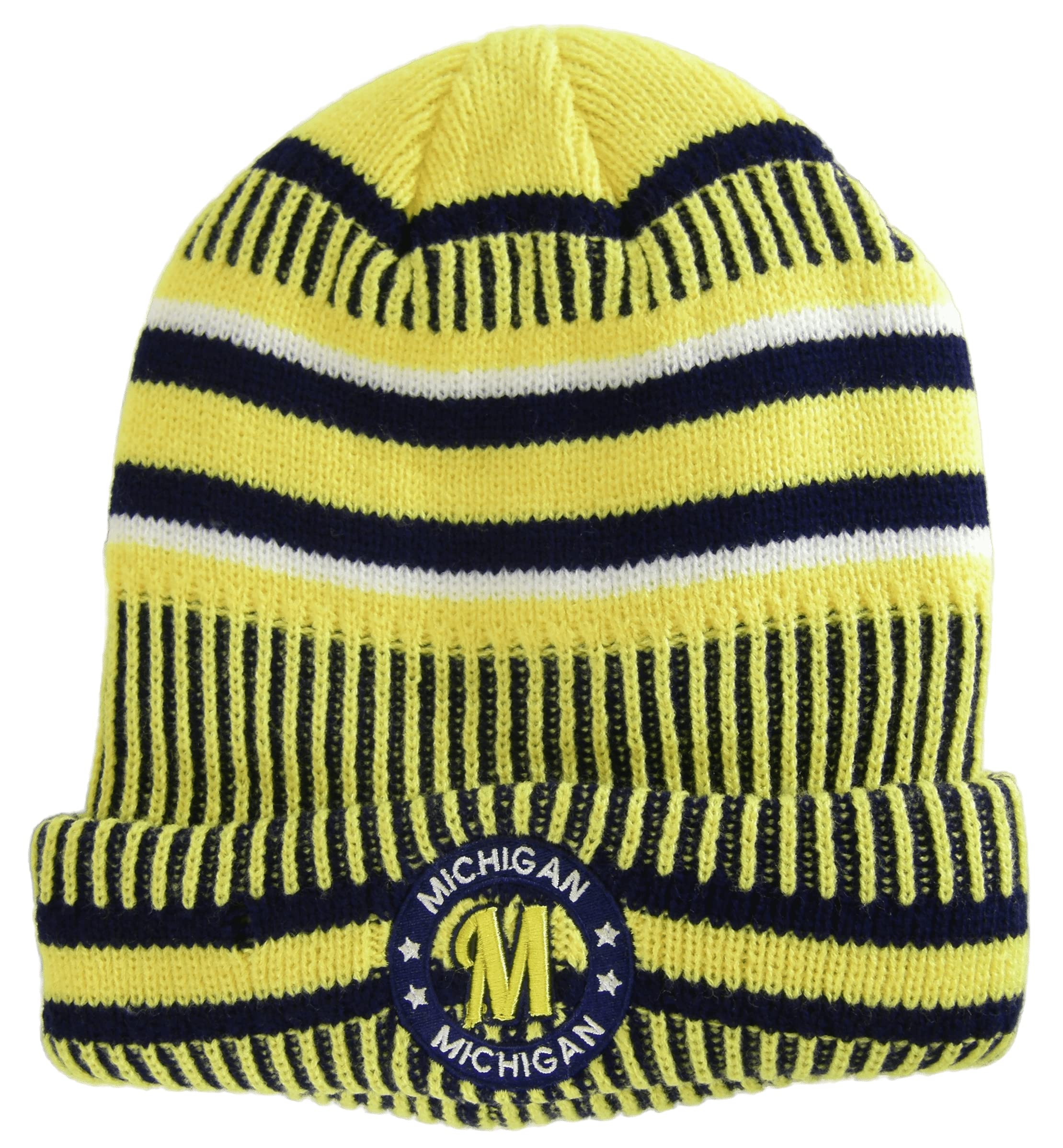 Michigan Knitted Plush Lined Varsity Cuffed Hat with Seal (Gold/Dark Blue), One Size