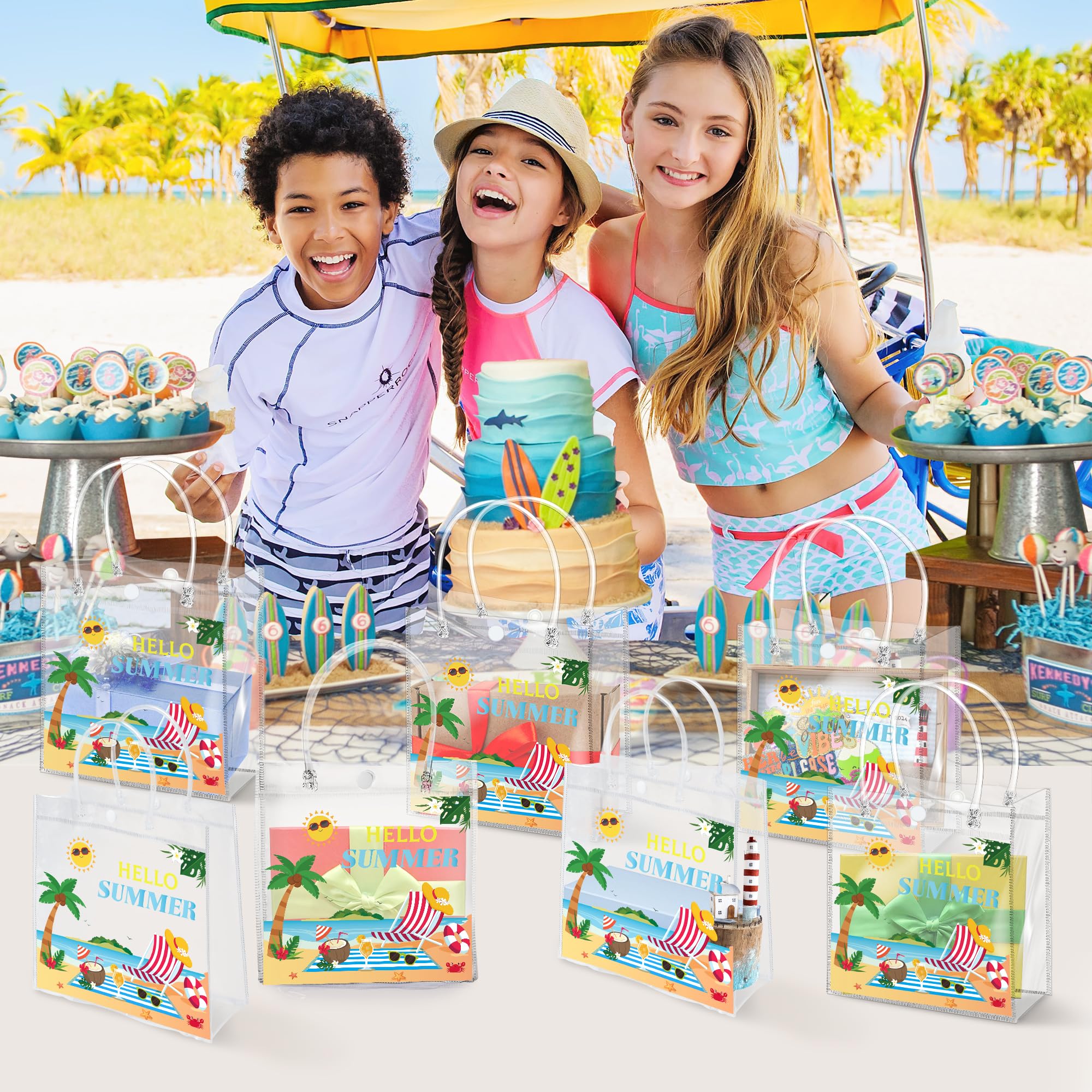 H1vojoxo Hello Summer Gift Bags - 24PCS Sunny Beach Clear Gift Bags with Handles 7.87 x 3.2 x 7.87 Inch Reusable PVC Plastic Transparent Waterproof Tote Bag for Summer Party Birthday Party Supplies