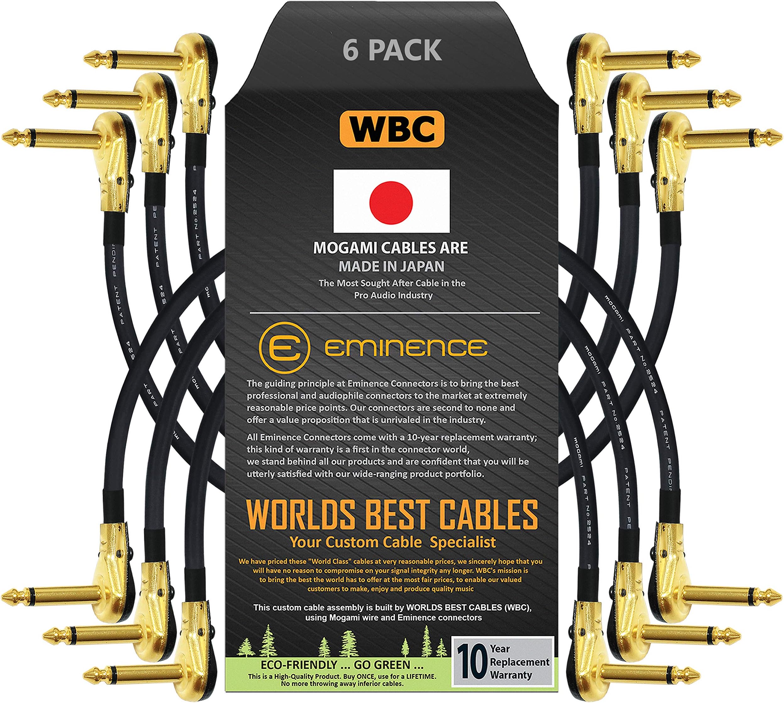 WORLDS BEST CABLES 6 Units - 6 Inch - Pedal, Effects, Patch, Instrument Cable Custom Made Made Using Mogami 2524 Wire and Eminence Gold Plated ¼ inch (6.35mm) R/A Pancake Type Connectors