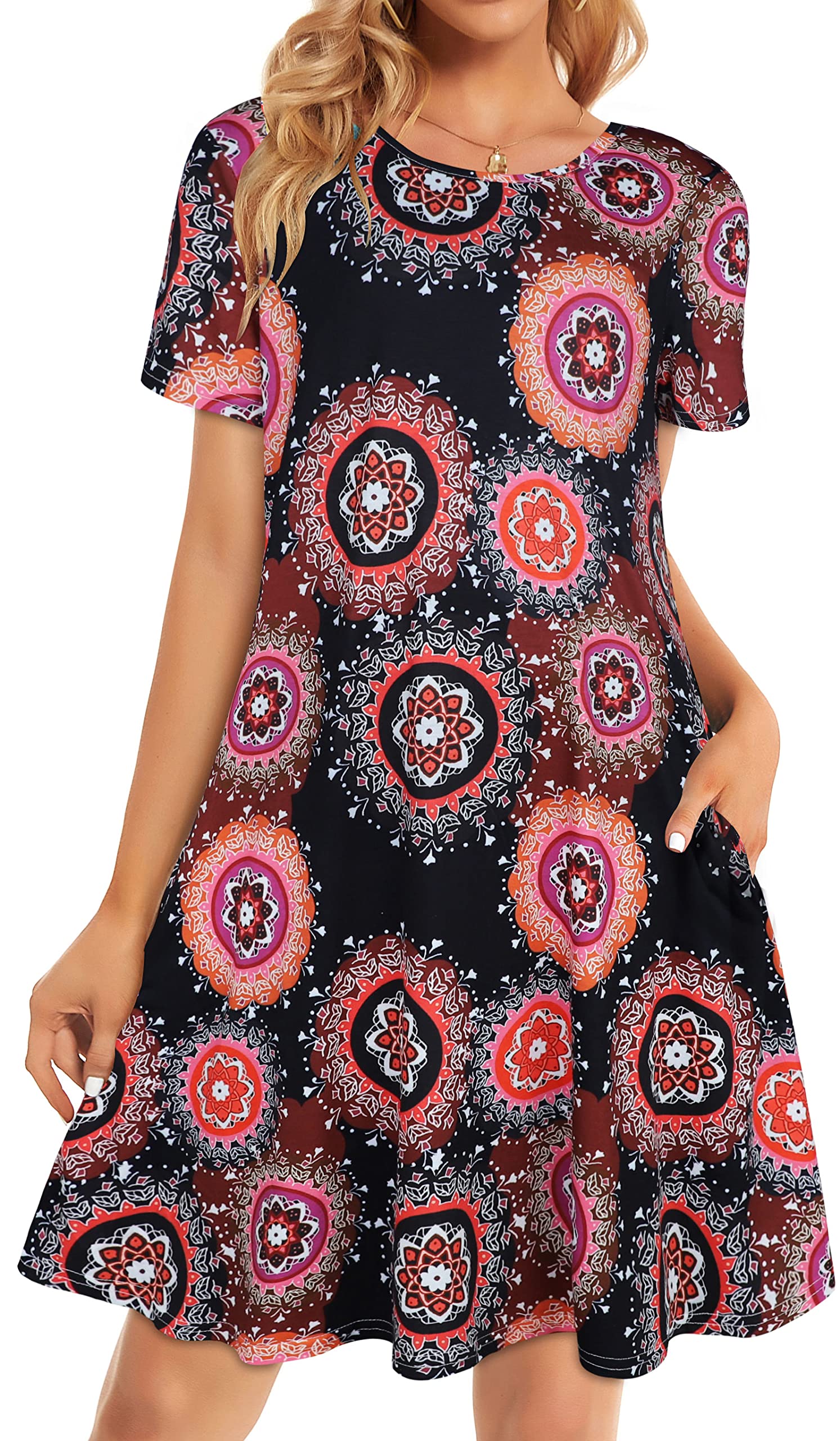 elescat Vestidos camiseros informales de verano para mujer, para la playa, de talla grande con estampado floral, manga corta suelta y fluida