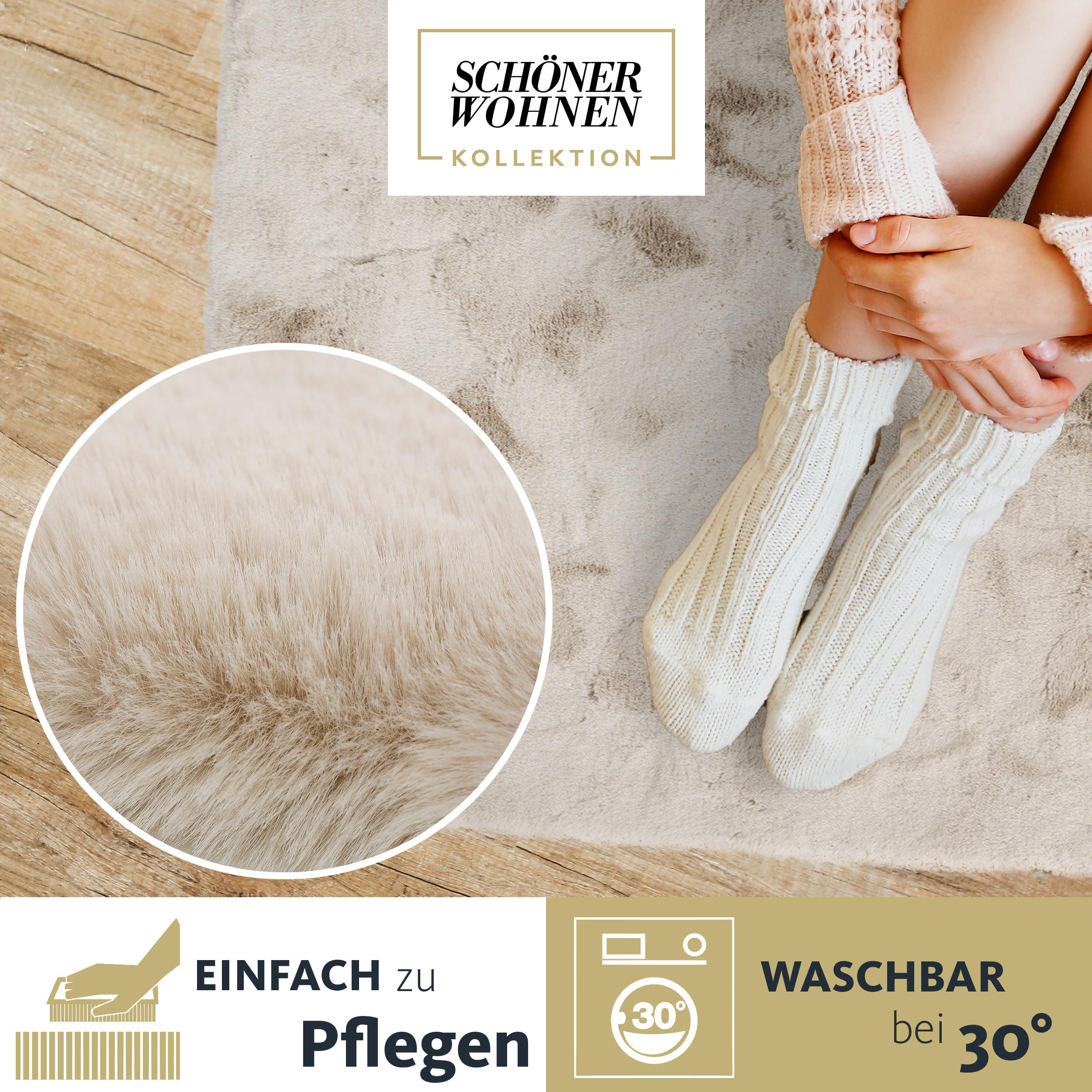 Schöner Wohnen Kollektion Hochwertiger Kunstfell Teppich flauschig - Teppich Wohnzimmer - Hochflorteppich Lammfell Schaffell - Dekofell Shape Beige 55 x 80 cm