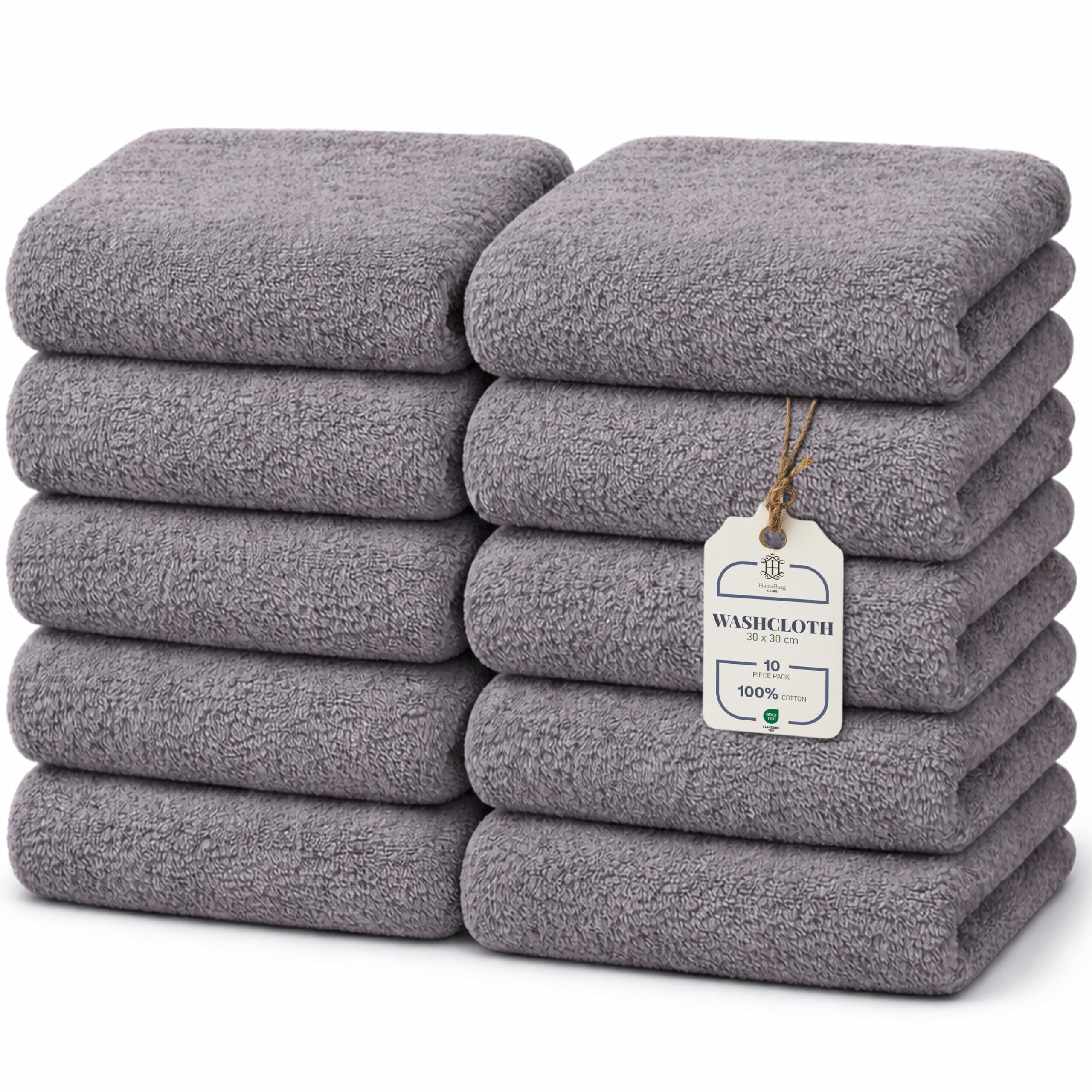 HomeBurg Core 10-Piece Cotton Wash Cloth for Bathroom and Kitchen – Soft, Absorbent, Durable, with Decorative Border, Easy Care, 30 x 30 cm, Steel Grey