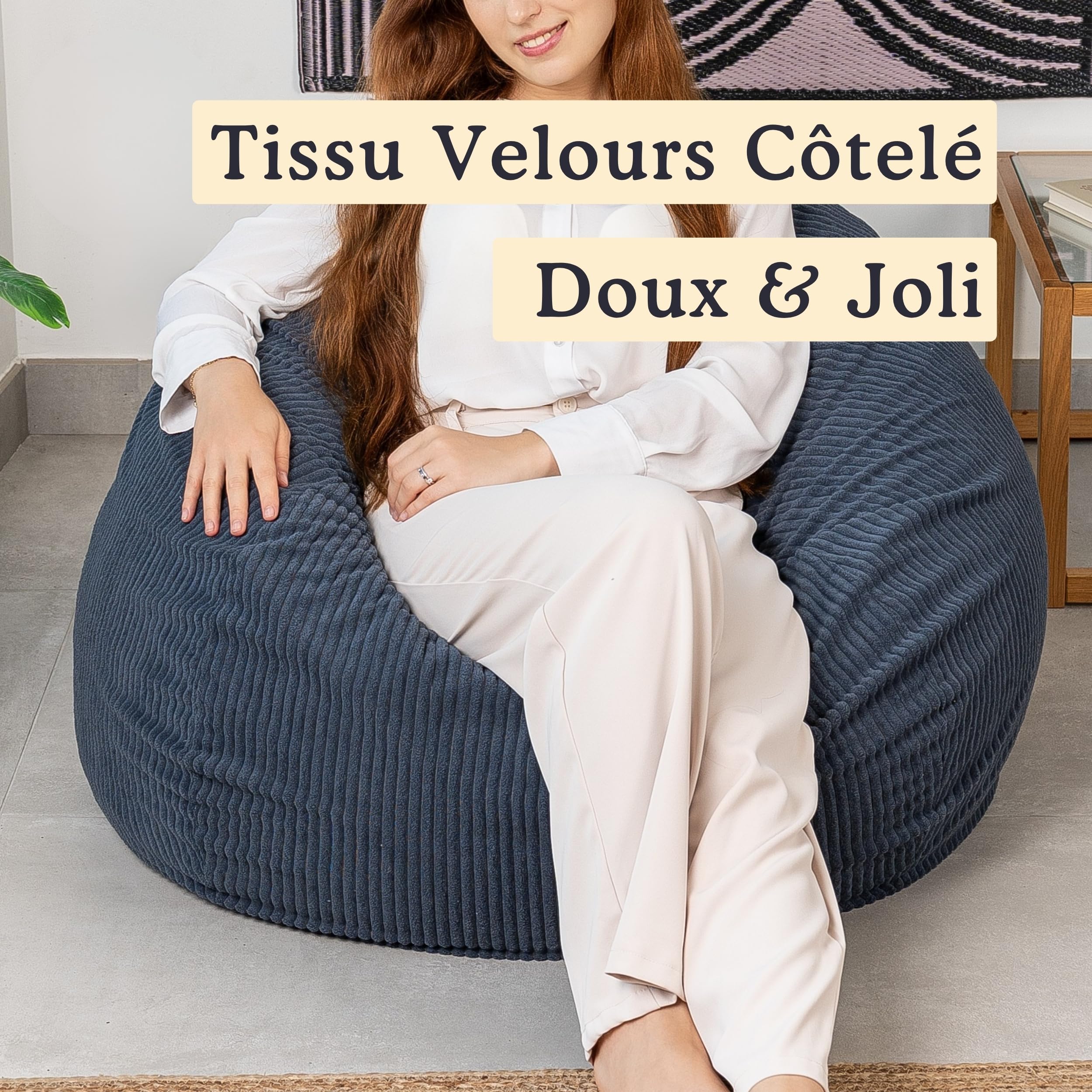 bananair Pouf Poire en Velours Côtelé - Fabriqué en France - Doux, Confortable, Facilement Transportable & Housse Lavable – Gros Pouf Salon/Chambre pour Adulte, Ado, Enfant (120 x 100 cm, Bleu foncé)