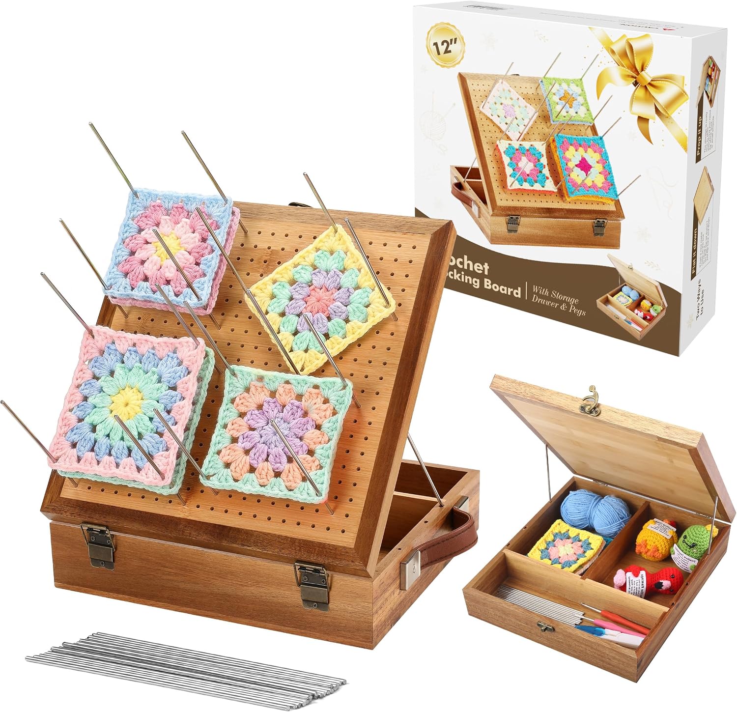 12"" Crochet Blocking Board,Storage Drawer，with Gift Box & 20 Pegs