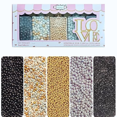 Confect Mezcla de bolas de discoteca para baile de graduación, paquete de 5 gránulos comestibles surtidos con grageas negras, doradas, plateadas y